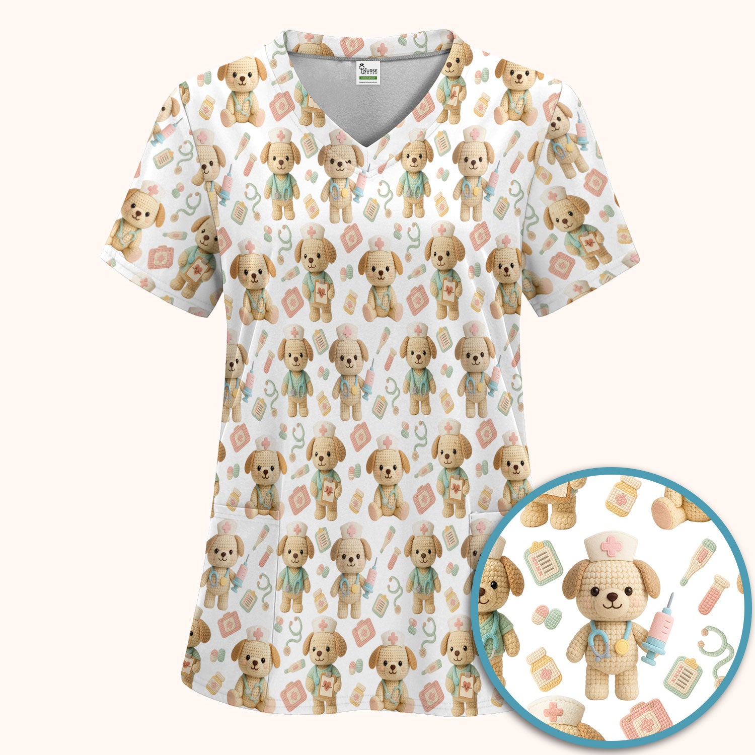 Cute Labrador Scrub Set for Nurse - Pastel Crochet Dog Scrubs Pants and V Neck Top - Adorable Puppy Med Uniform Gift for Women