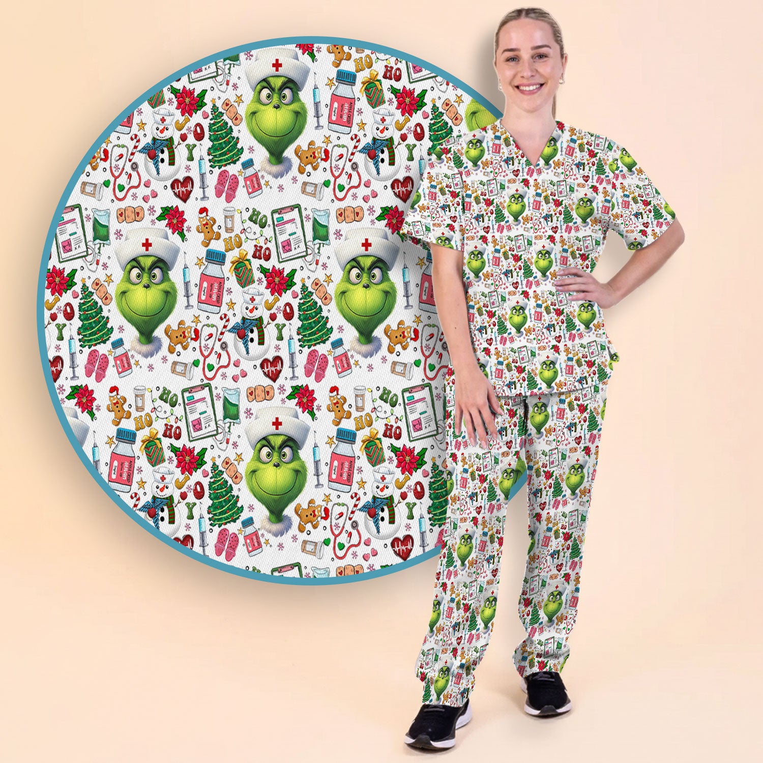 Funny Grinch Scrub Set for Women - Christmas Medical Uniform Top and Pants - Holiday Ugly Sweater Comfortable Nursing Outfit
