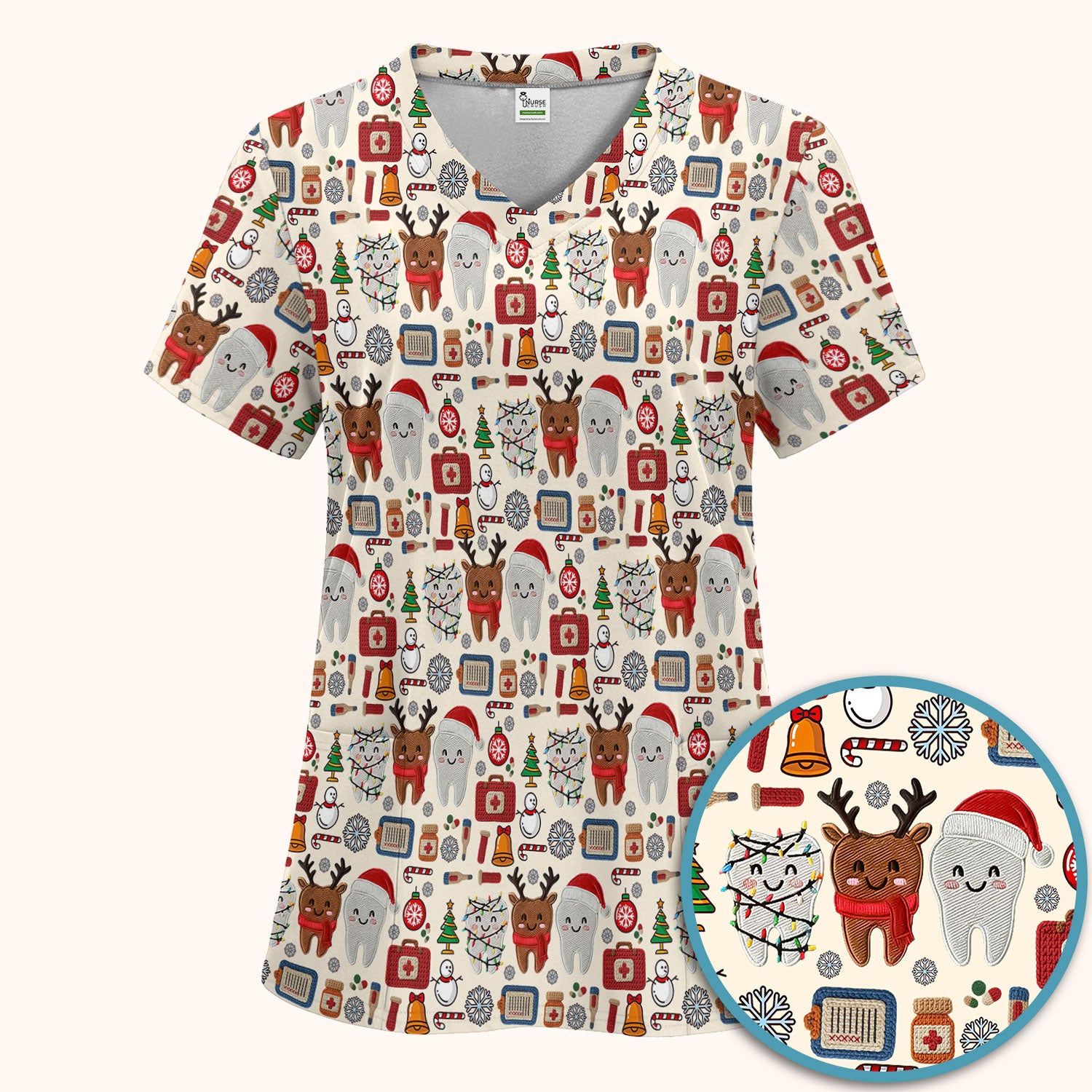Christmas Dental Scrub Set - Cute Santa & Reindeer Tooth Pants and V Neck Top - Funny Gift for Dentists, Hygienists, Nurses