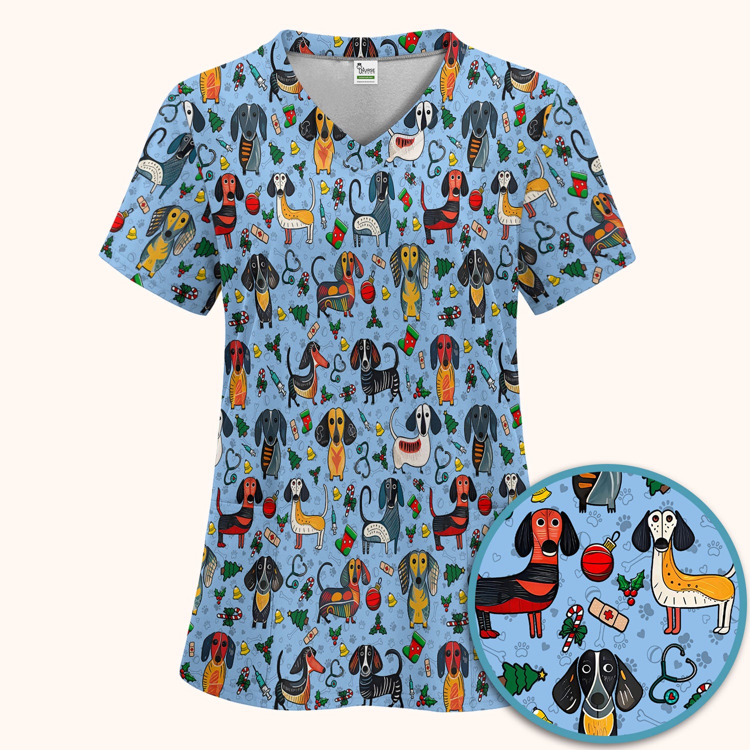 Christmas Wiener Dog Scrub Set - Funny Sausage Dog Pants and V Neck Top - Holiday Medical Uniform