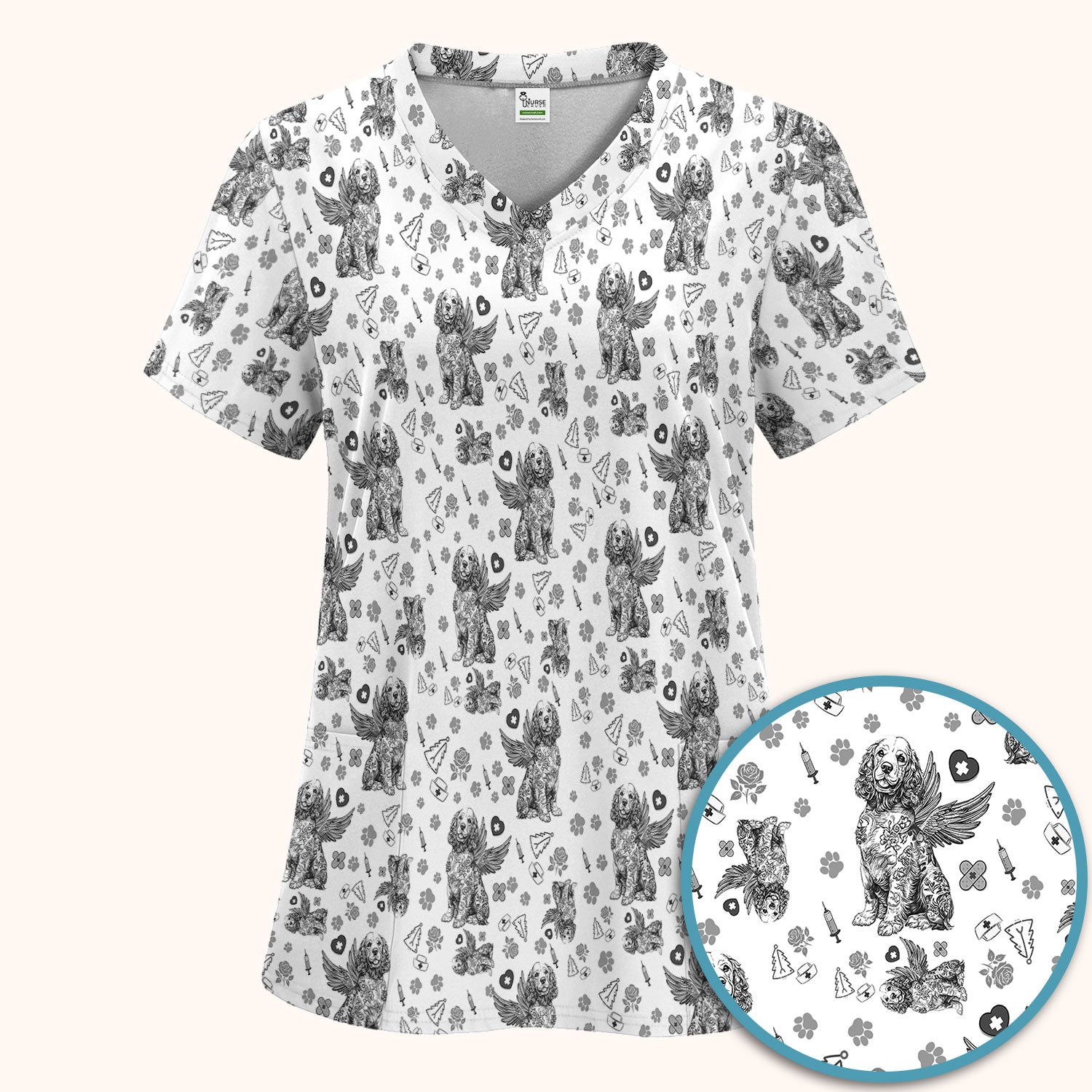 Toile De Jouy Scrub Set for Nurses - Angel Puppy Medical Uniform - Floral Dog in Heaven Gift for Women, Vet Techs, RN CNA LPN