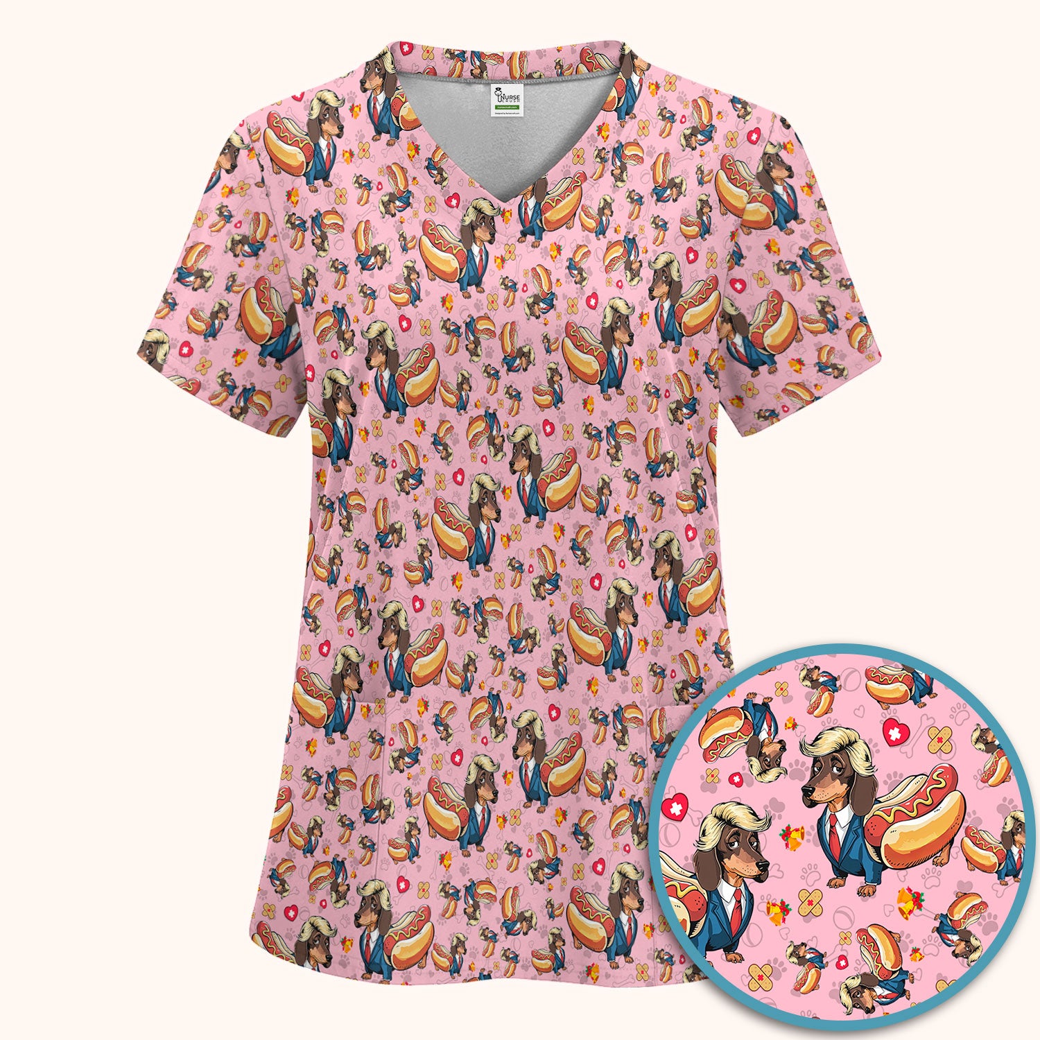 Dachshund Hot Dog Nurse Scrub Set - Funny Sausage Dog Pants and V Neck Top - Medical Uniform Gift