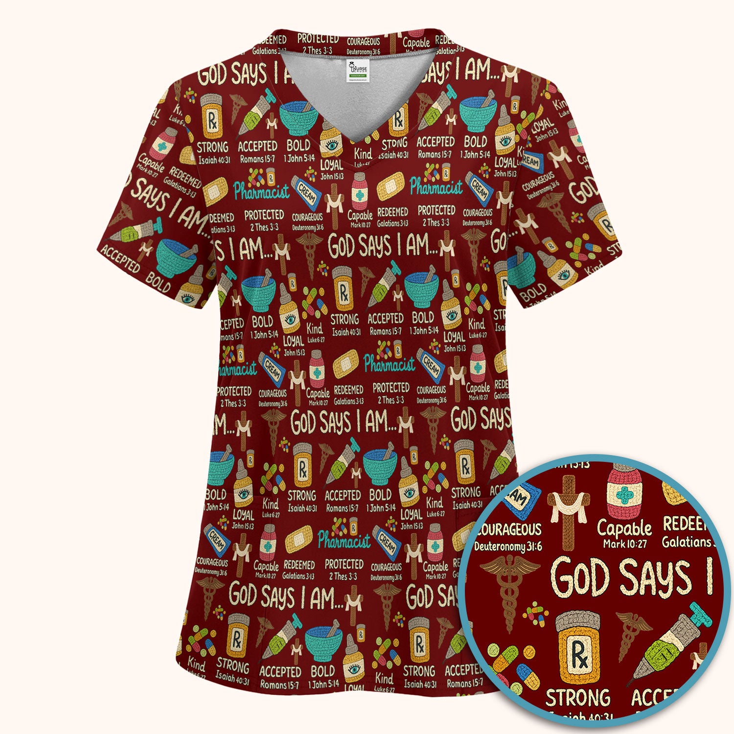God Says I Am Pharmacist Scrub Set - Christian Pharmacy Scrubs Pants and V Neck Top for Women - Bible Verse Nurse Shirt