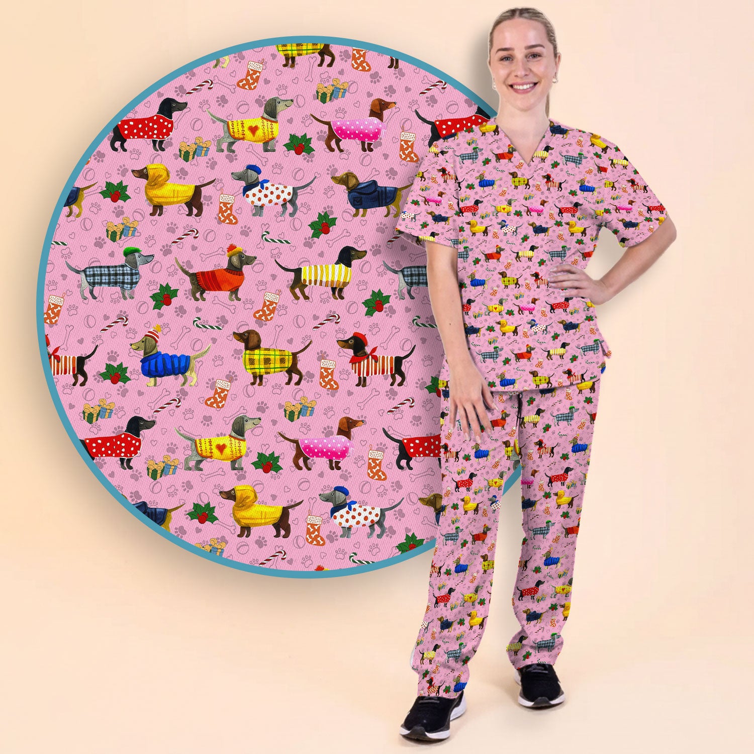 Funny Wiener Dog Scrub Set - Dachshund Paw Prints Nurse Uniform - Comfortable Nursing Pants - Holiday Gift for Her