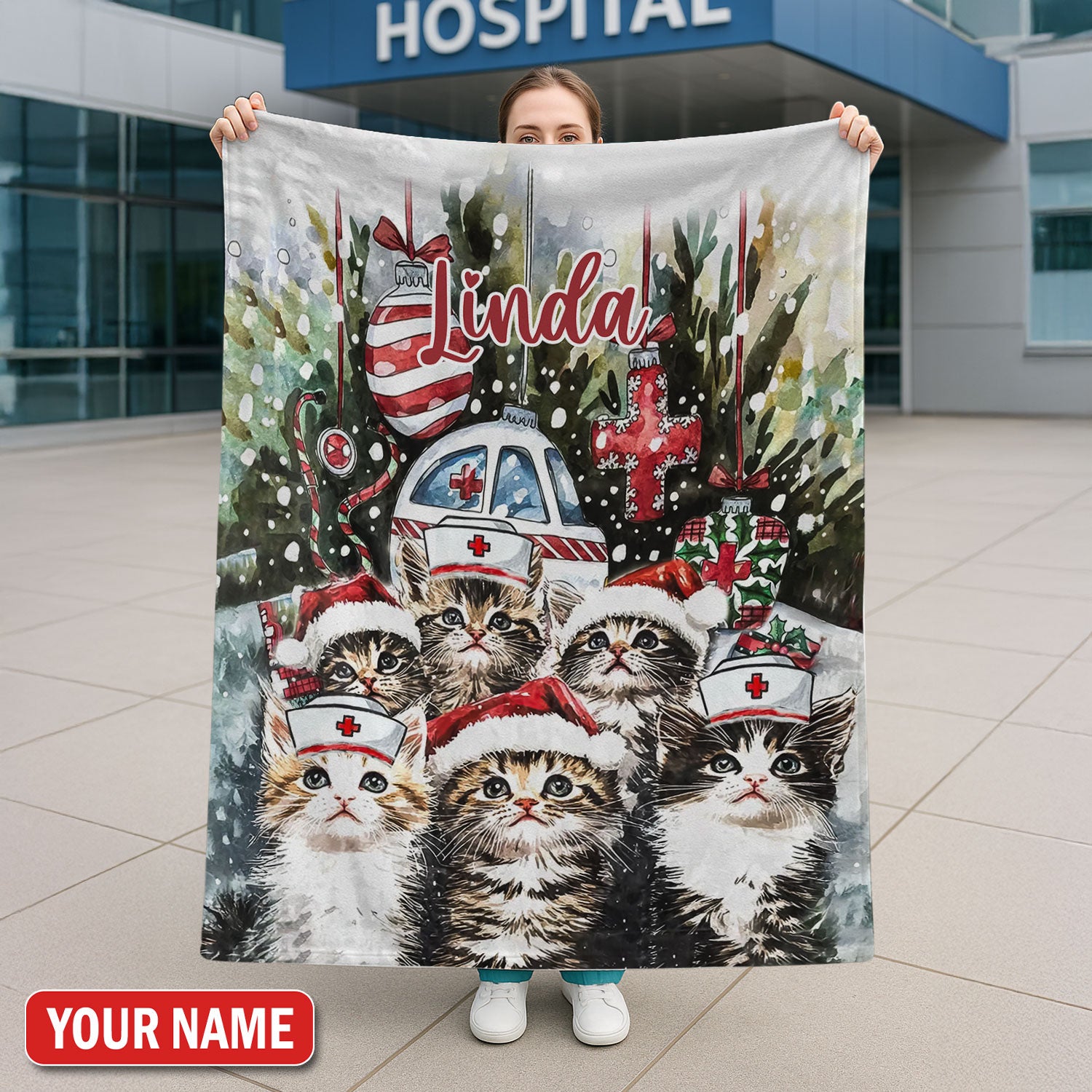 Custom Nurse Cat Blanket, Personalized Christmas Throw Blanket With Name, Cute Kitty Nurse Gift for RNs And Healthcare Workers