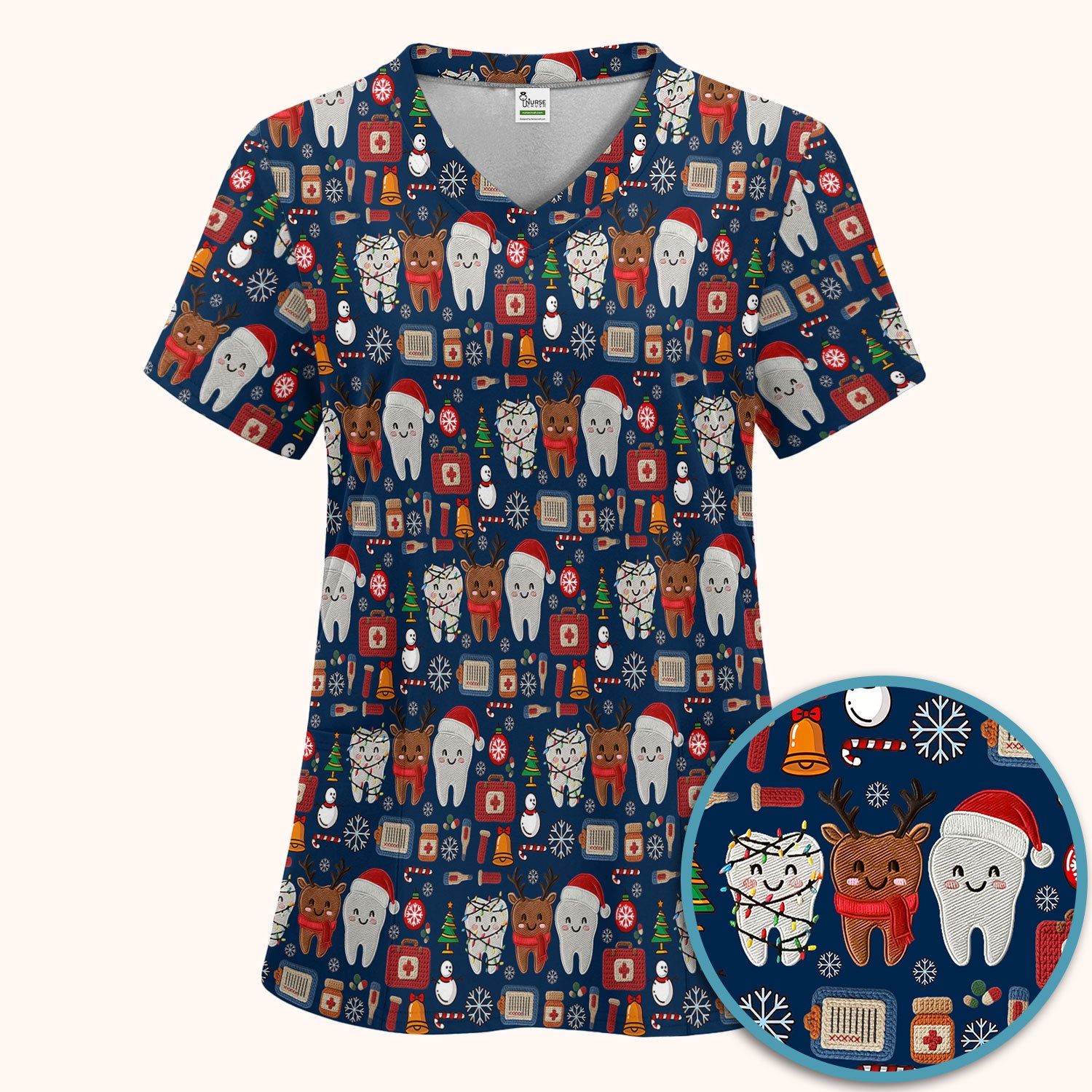 Christmas Dental Scrub Set - Cute Santa & Reindeer Tooth Pants and V Neck Top - Funny Gift for Dentists, Hygienists, Nurses