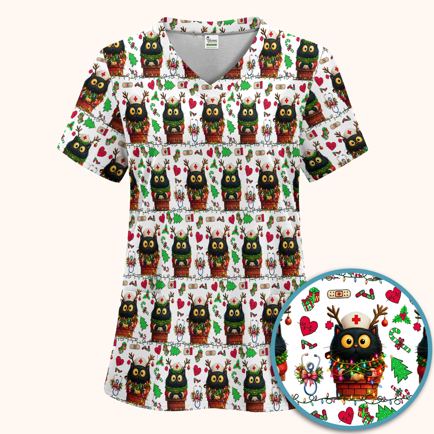 Christmas Black Cat Scrub Set for Nurse - Cute Reindeer Cat with Xmas Lights Pants and V Neck Top - Festive Holiday Medical Uniform