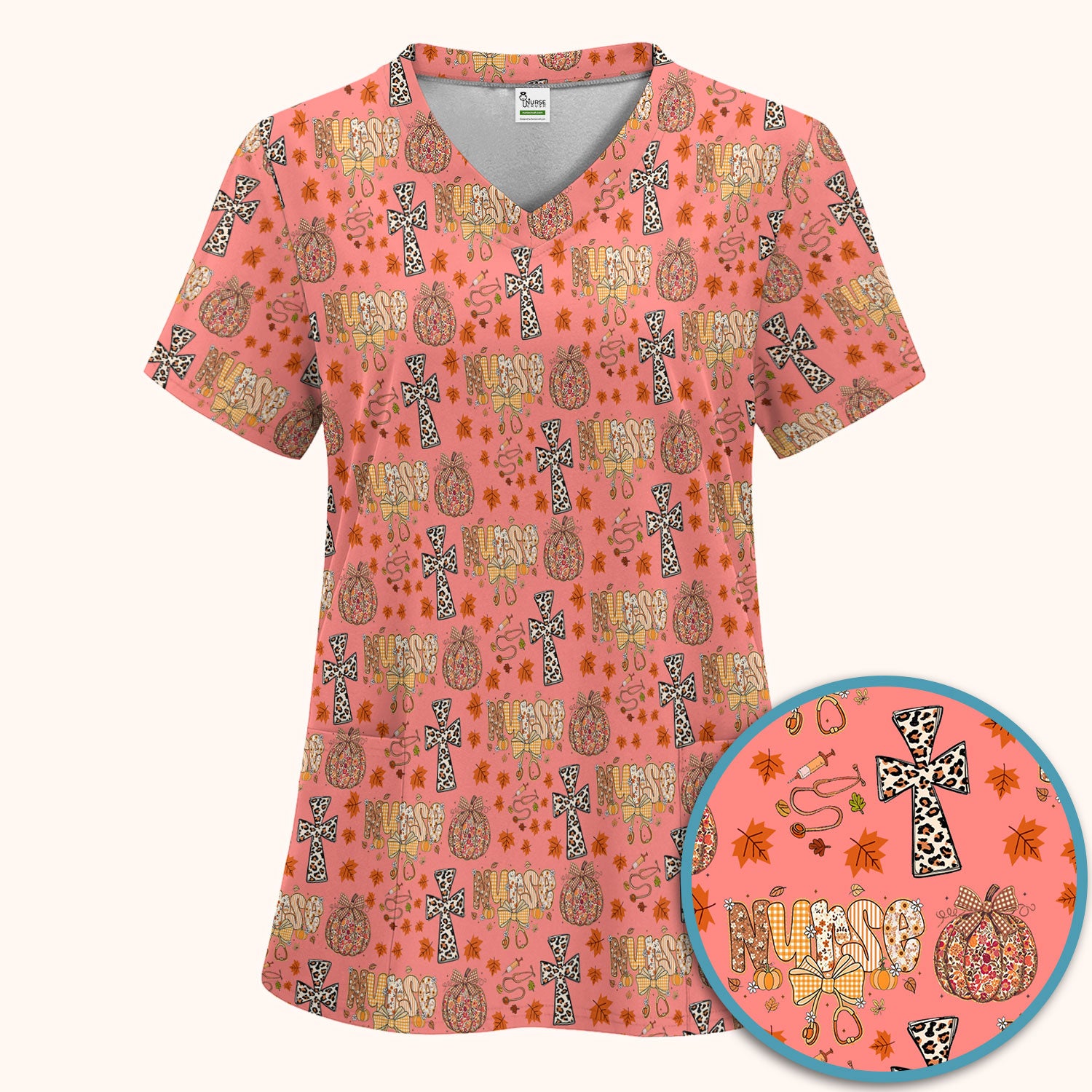 I Will Praise Him In Every Season - Boho Pumpkin Leopard Cross Fall Scrub Sets for Nurse - Thanksgiving Med Uniform for Women
