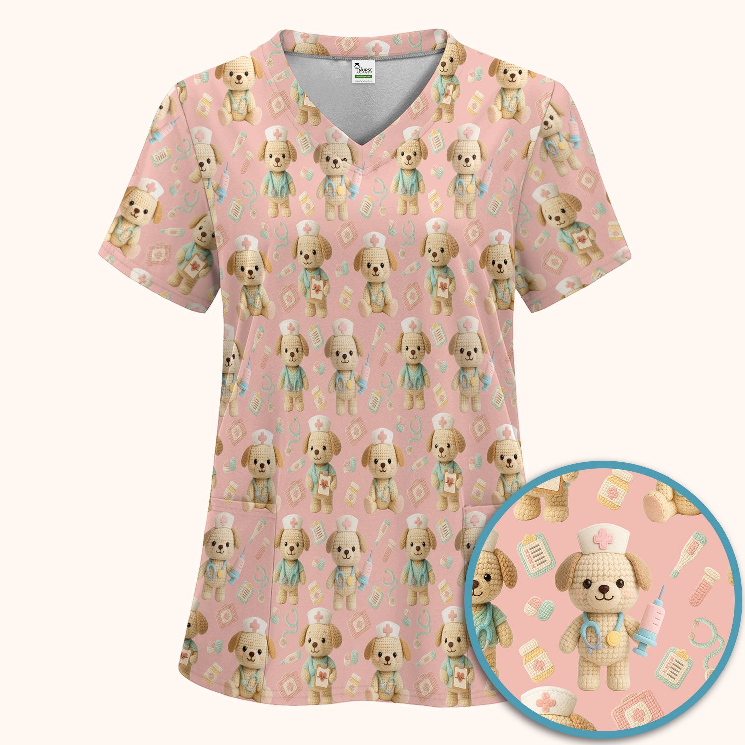 Cute Labrador Scrub Set for Nurse - Pastel Crochet Dog Scrubs Pants and V Neck Top - Adorable Puppy Med Uniform Gift for Women