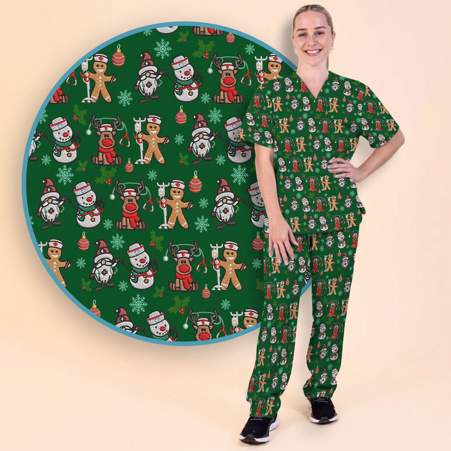 Reindeer Christmas Women's Scrub Sets - Gingerbread Cookies and Santa Claus Medical Uniform - Comfortable Scrubs for Nurses