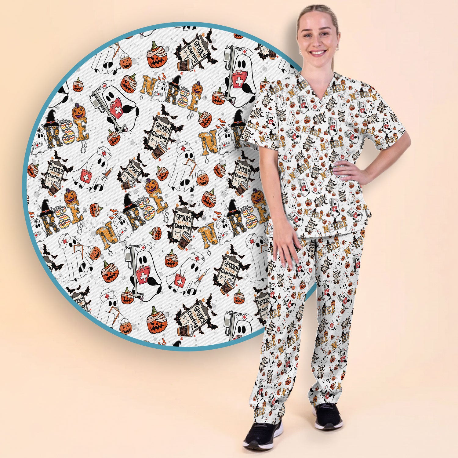 Halloween Women's Scrub Sets - Spooky But Still Charting - Funny Scrubs for Nurses - Horror Pumpkin Scrub Pants and V Neck Top