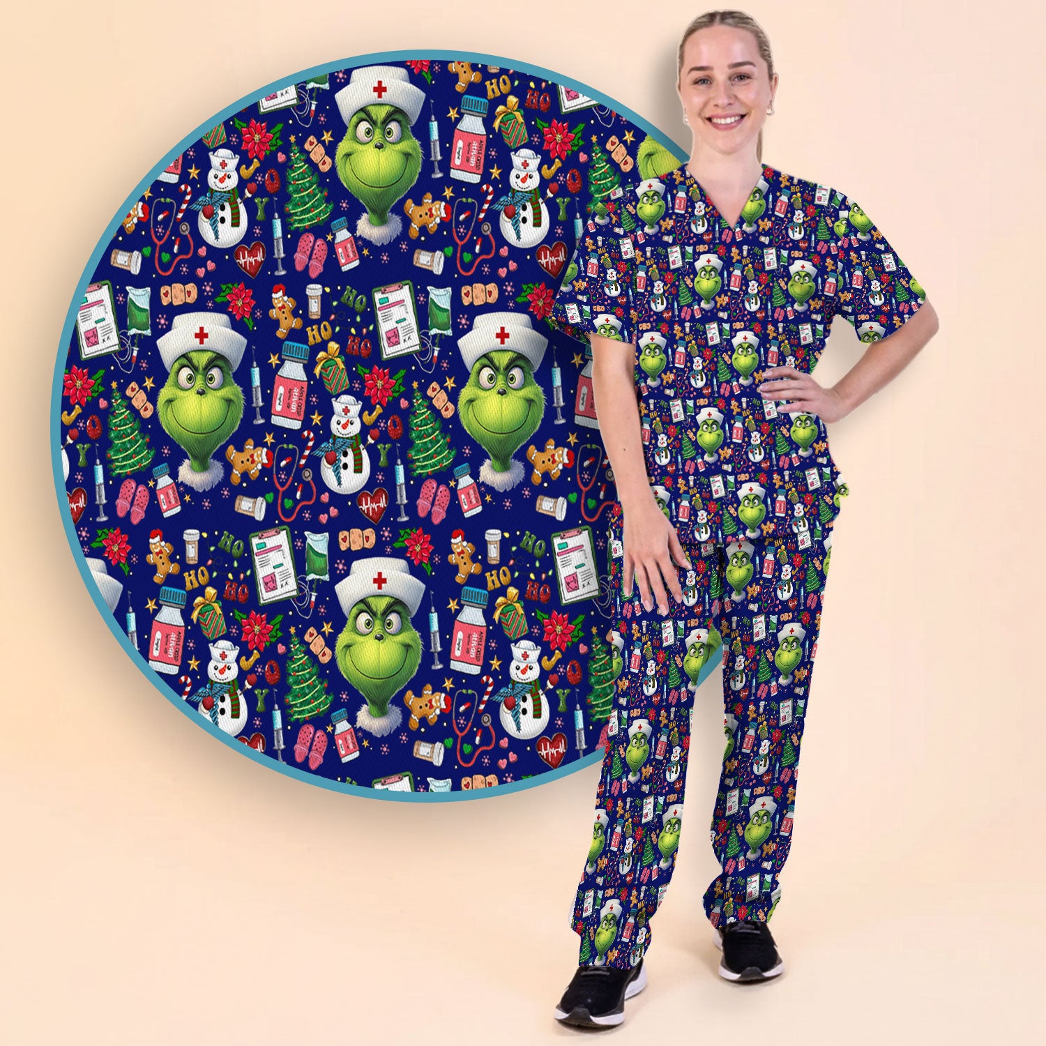 Funny Grinch Scrub Set for Women - Christmas Medical Uniform Top and Pants - Holiday Ugly Sweater Comfortable Nursing Outfit