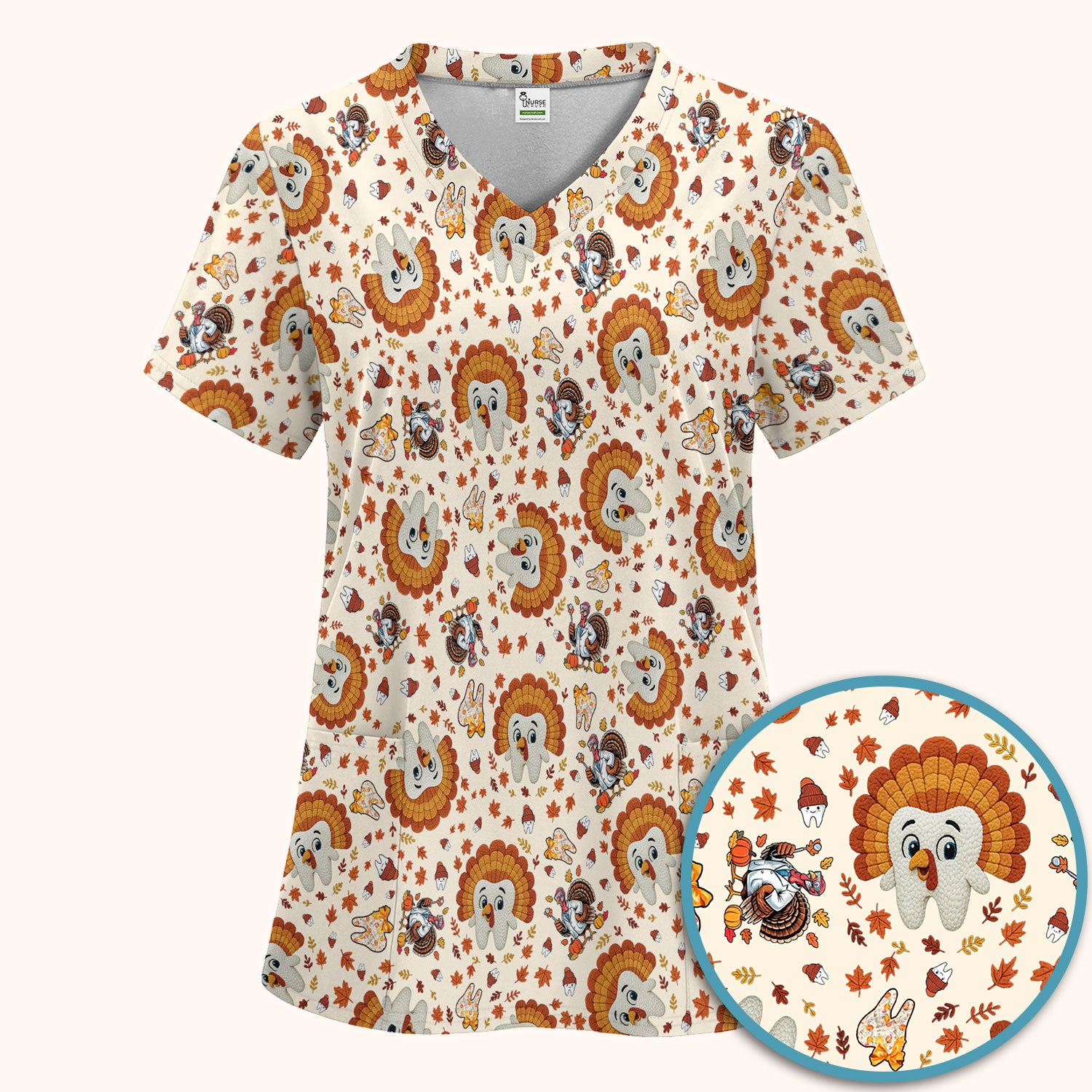 Funny Thanksgiving Tooth Scrub Set - Cute Turkey Dental Scrubs Pants and V Neck Top - Fall Medical Uniform for Hygienists & Nurses
