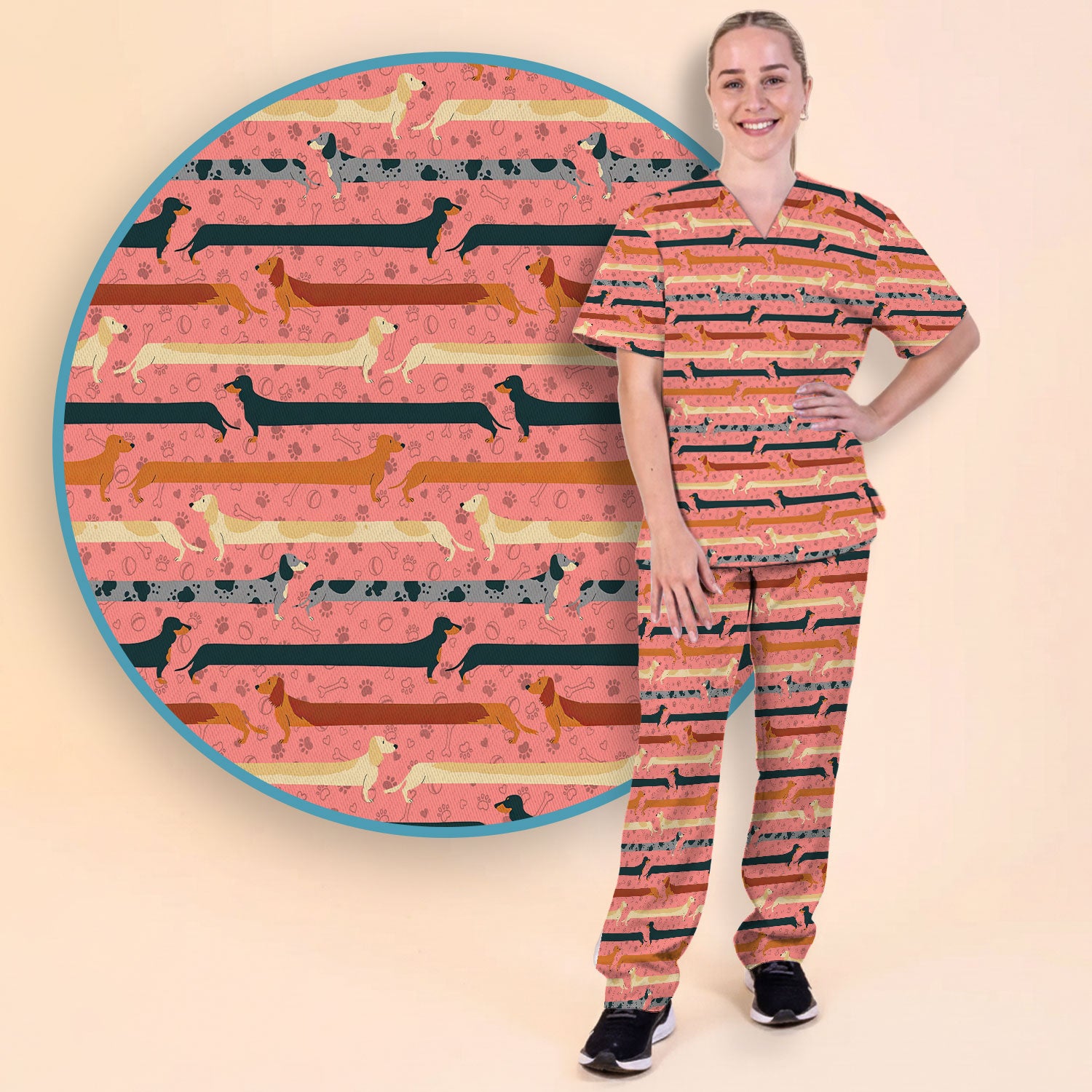 Weiner Dog Women's Scrub Sets - Comfortable Scrubs for Nurses - Funny Scrub Pants and V Neck Top - Breathable Med Uniform