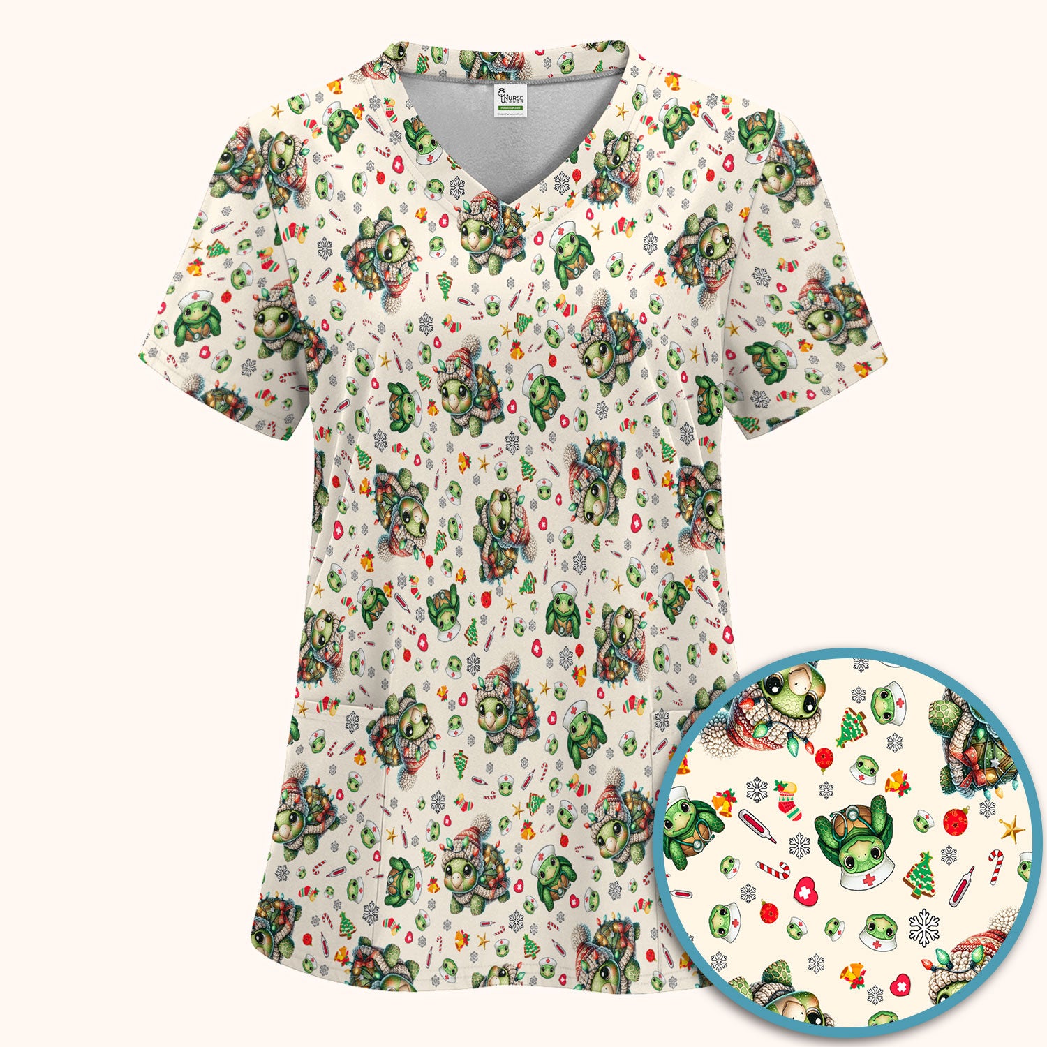 Christmas Turtle Scrub Set - Cute Funny Nurse Pants and V Neck Top - Holiday Medical Uniform for Women