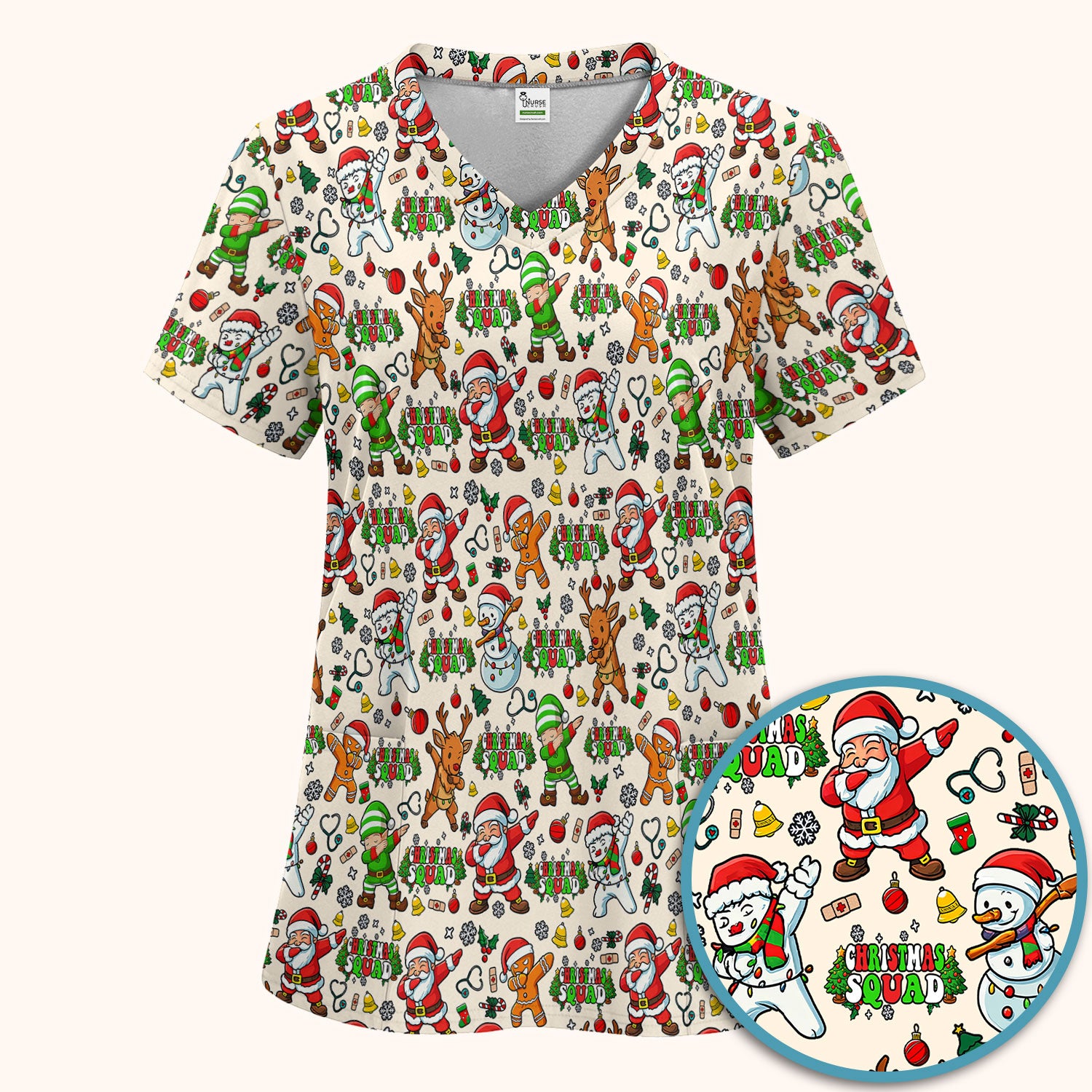 Christmas Squad Scrub Set - Funny Santa & Reindeer Pants and V Neck Top - Cute Holiday Medical Uniform for Nurses, Doctors & Vet Techs