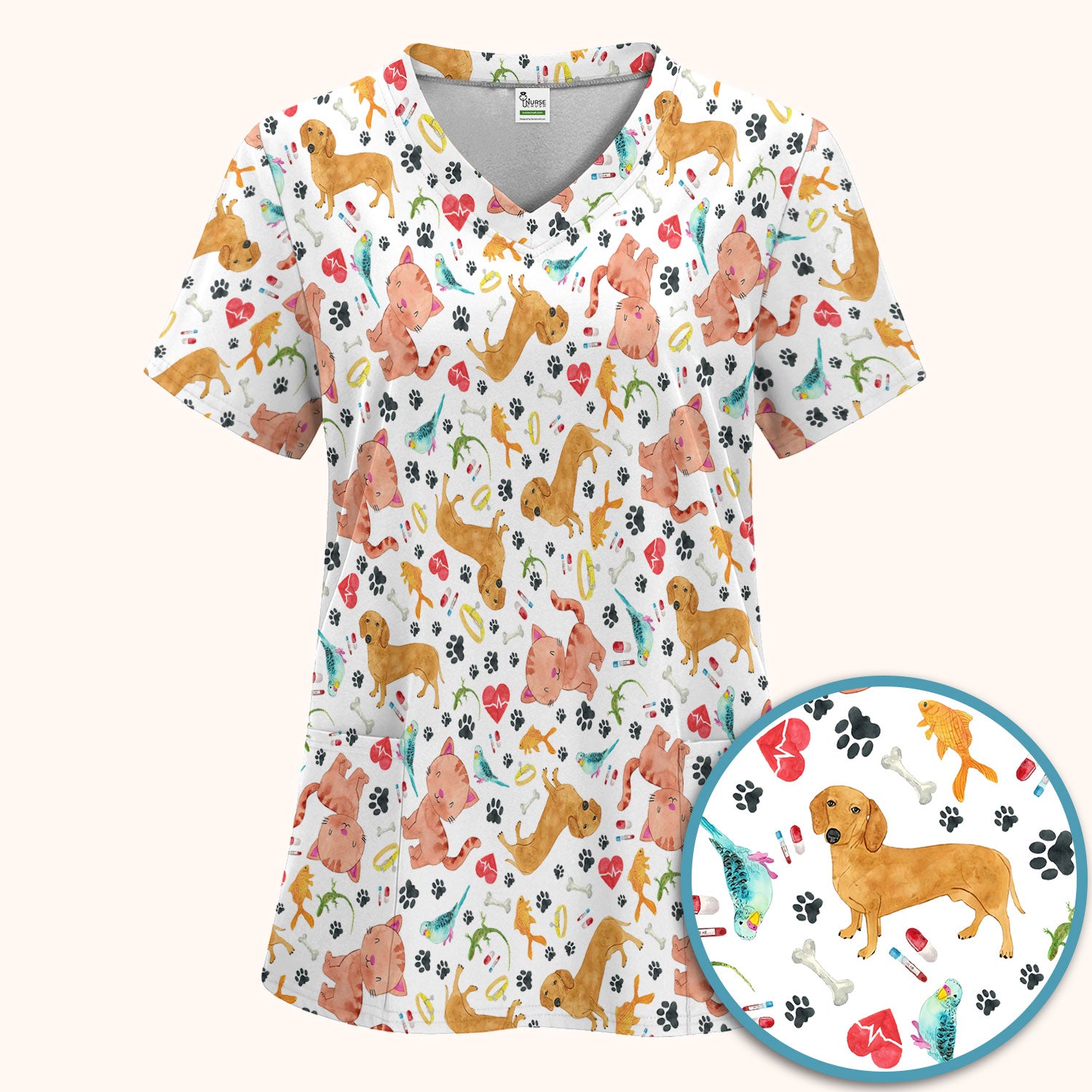 Cat Dog Veterinary Scrub Set - Cute Animal Paw Print Medical Pants and V Neck Top for Women RN CNA Vet Tech