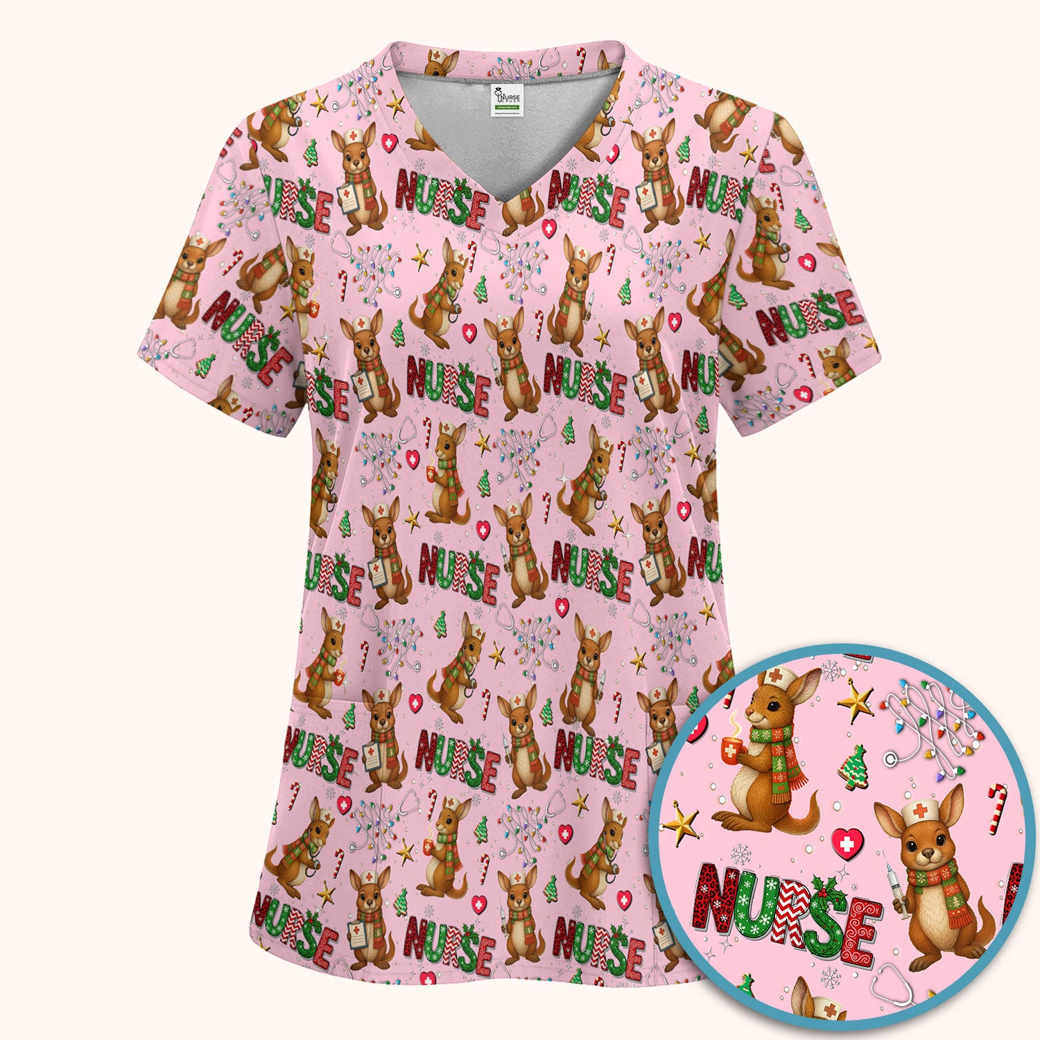 Aussie Kangaroo Christmas Scrub Set - Funny Holiday Nurse Shirt and Pants for Women - Cute Animal Medical Uniform