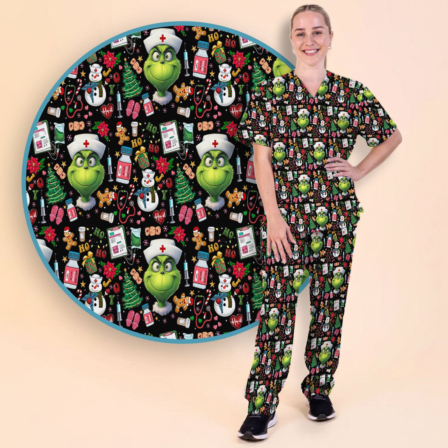 Merry Grinchmas Scrub Set for Women - Comfortable Nursing Pants - Christmas Medical Uniform - Holiday Ugly Sweater Gift for Her