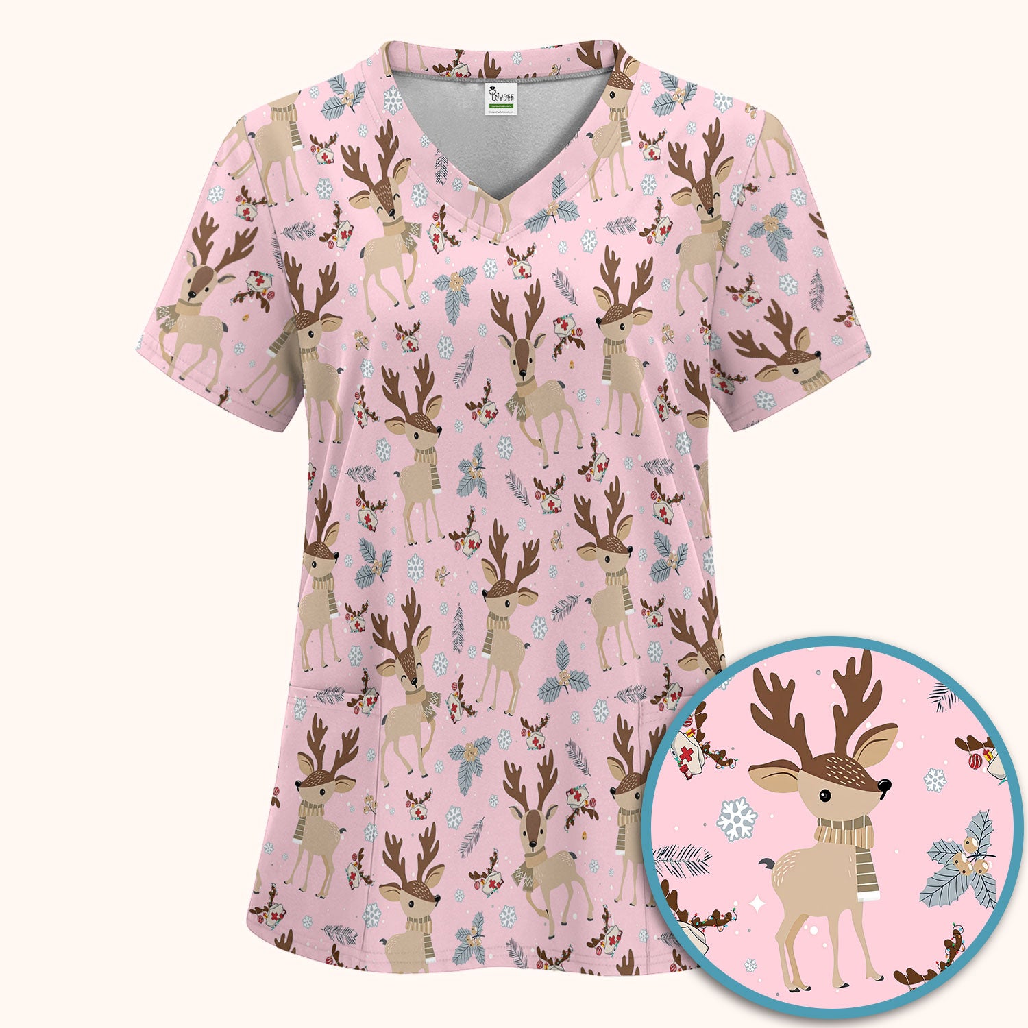 Reindeer Christmas Scrub Set - Cozy Beige Holiday Nurse Shirt with Cute Deer Pattern - Festive Medical Scrubs Pants and V Neck Top