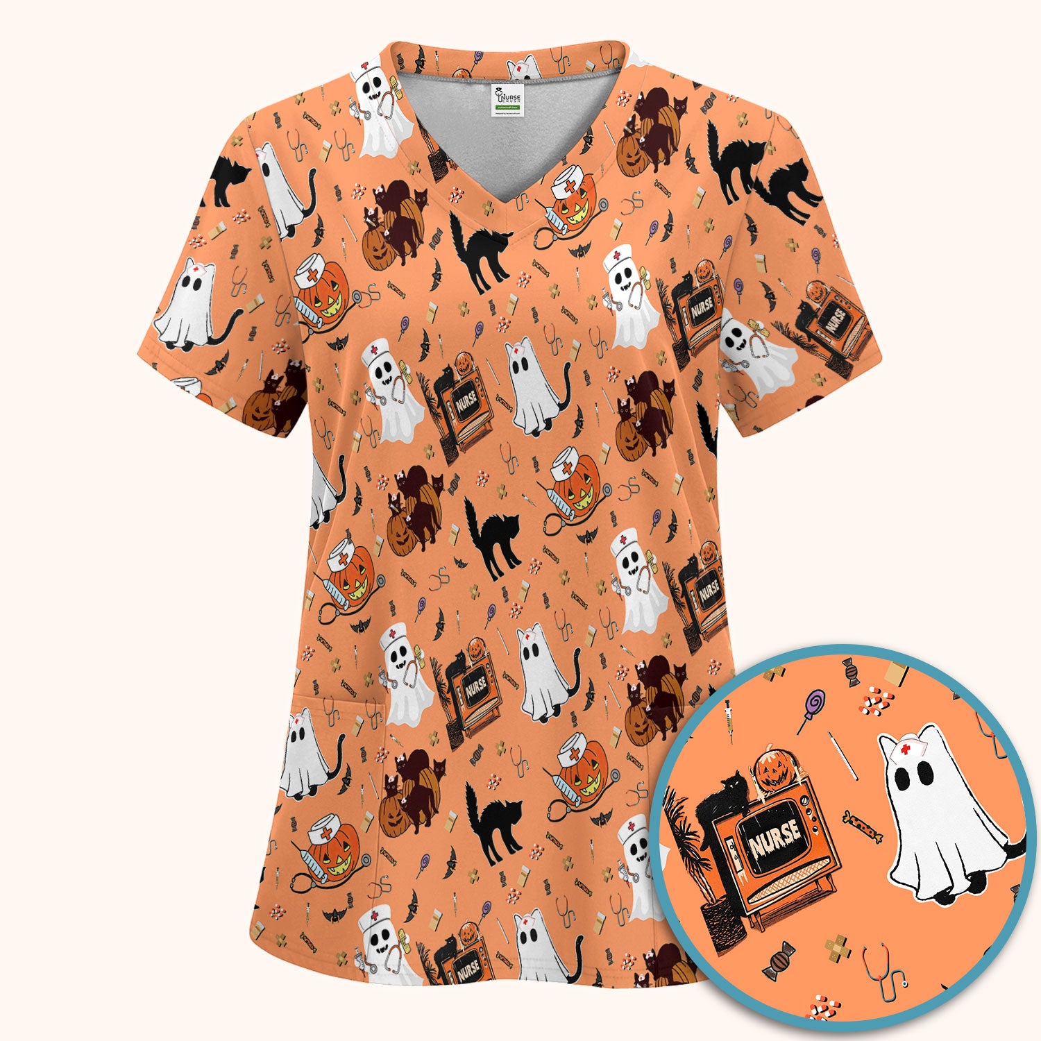 Halloween Scrub Set for Nurse - Cute Pumpkin Ghost Cat Medical Pants and V Neck Top - Spooky Uniform for Women RN CNA LPN