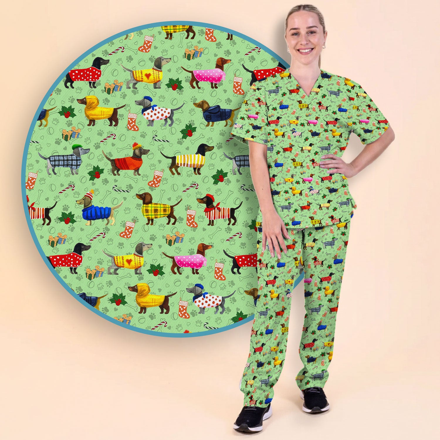 Dachshund Women Scrub Sets - Funny Wiener Dog Paw Prints Nurse Uniform - Comfortable Nursing Pants V Neck Shirt - Holiday Ugly Sweater