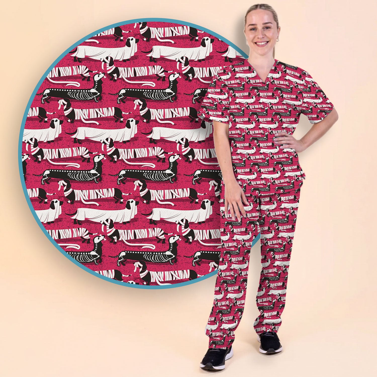 Halloween Scrub Set for Women - Spooky Skeleton Med Uniform - Dachshund Nursing Pants - Ugly Sweater for Wiener Dog Lover