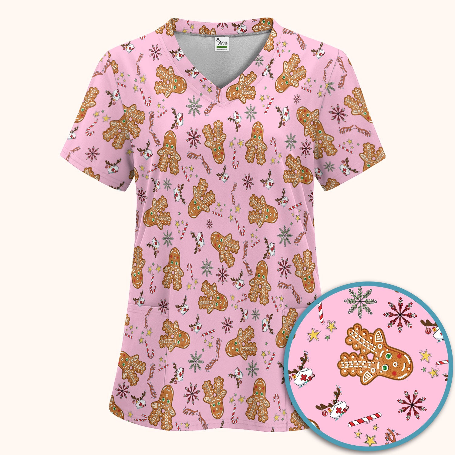 Gingerbread Cookies Reindeer Scrub Sets - Comfortable Scrubs for Nurses - Funny Christmas Gingerbread Scrub Pants and V Neck Top