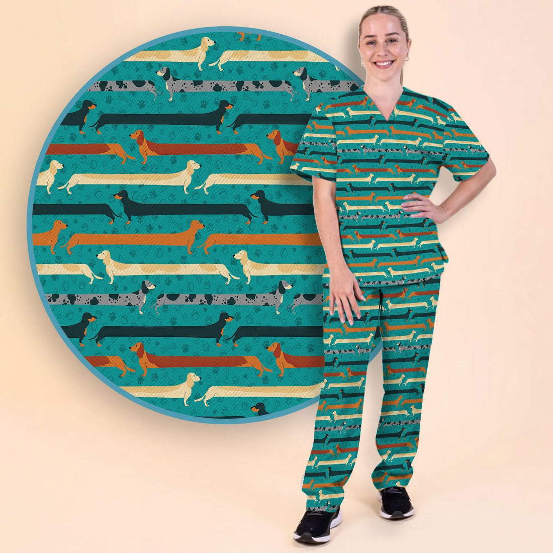 Weiner Dog Women's Scrub Sets - Comfortable Scrubs for Nurses - Funny Scrub Pants and V Neck Top - Breathable Med Uniform
