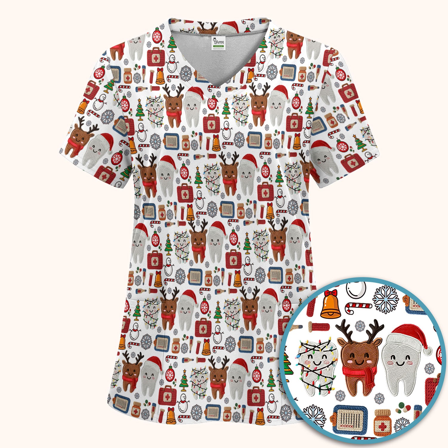 Christmas Dental Scrub Set - Cute Santa & Reindeer Tooth Pants and V Neck Top - Funny Gift for Dentists, Hygienists, Nurses