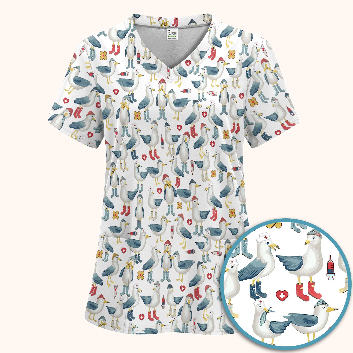 Seagull Scrub Set for Nurses - Adorable Birds Medical Uniform - Funny Scrubs Pants and V Neck Top for RN CNA LPN