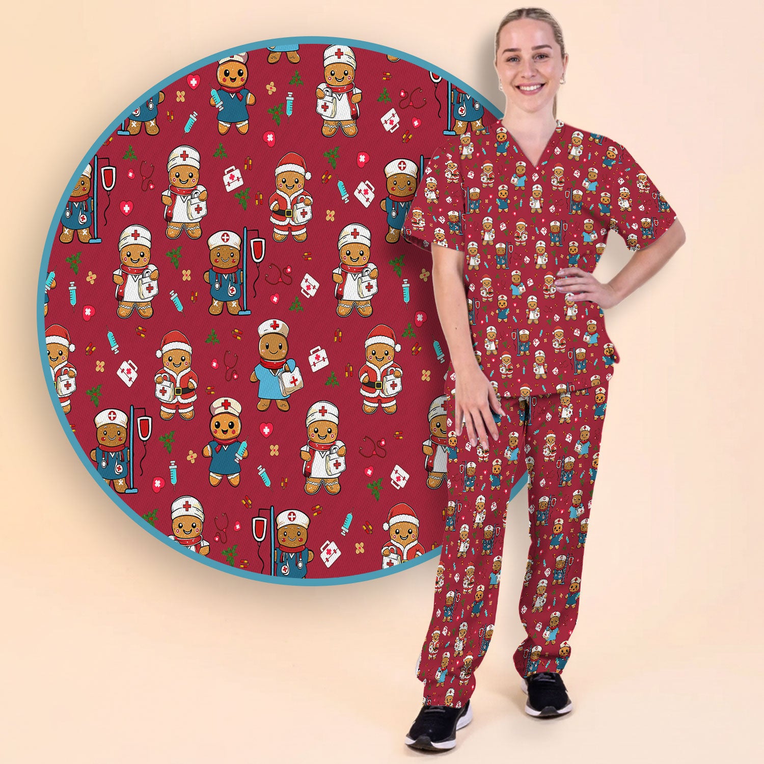 Gingerbread with Santa Nurse Scrub Set - Santa’s Favorite Nurse Holiday Gift - Medical Uniform for RN LPN CNA - Funny Xmas Ugly Sweater
