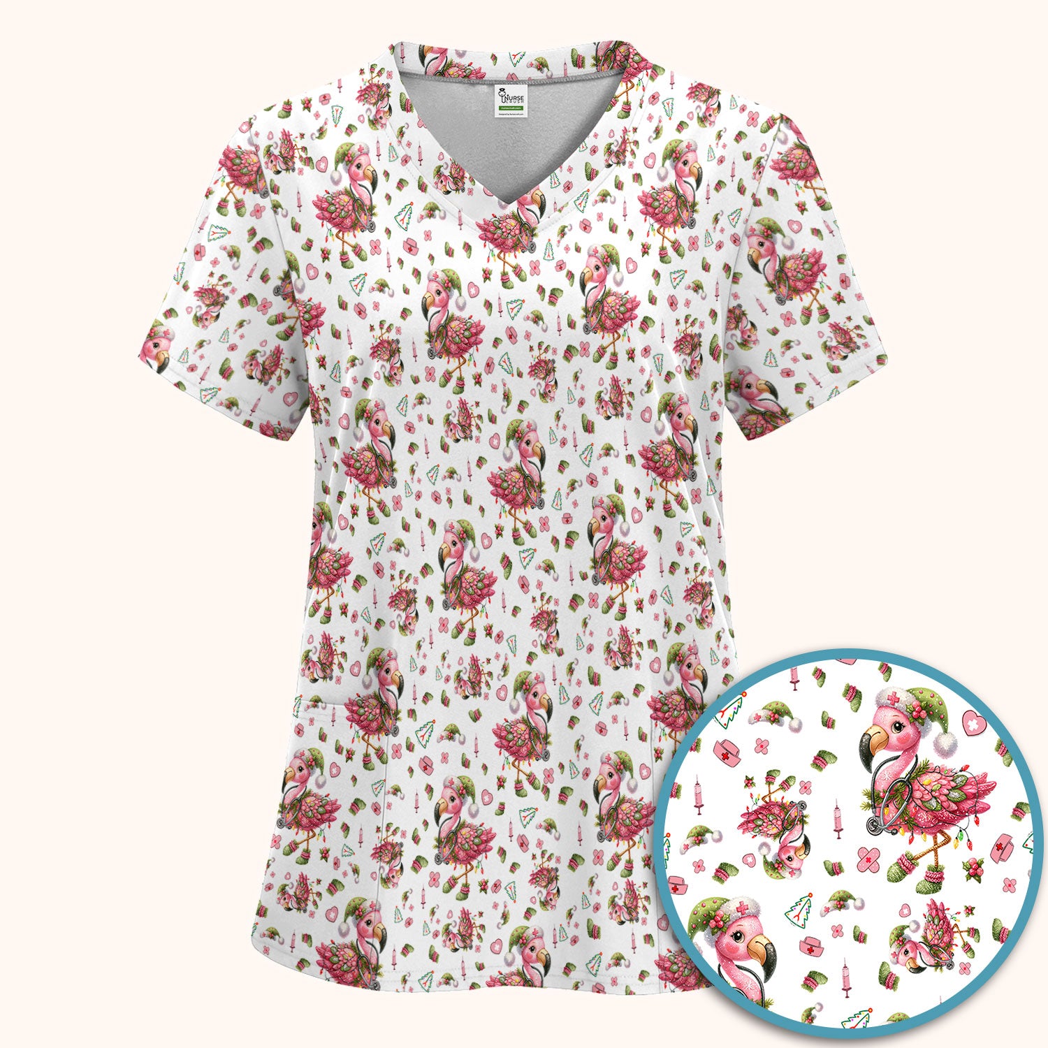 Pink Flamingo Christmas Scrub Set - Cute Flamingo Scrubs Pants and V Neck Top - Fun Christmas Medical Uniform