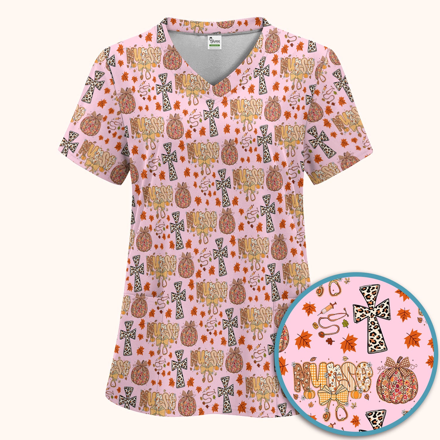 I Will Praise Him In Every Season - Boho Pumpkin Leopard Cross Fall Scrub Sets for Nurse - Thanksgiving Med Uniform for Women