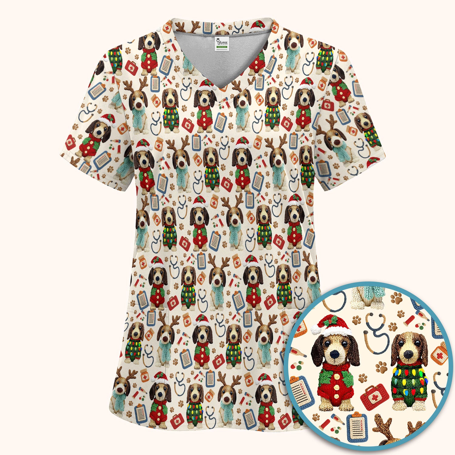 Christmas Wiener Dog Scrubs Set for Women - Cute Dachshund Christmas Scrub Pants and V Neck Top - Puppy Lover Medical Uniform Gift