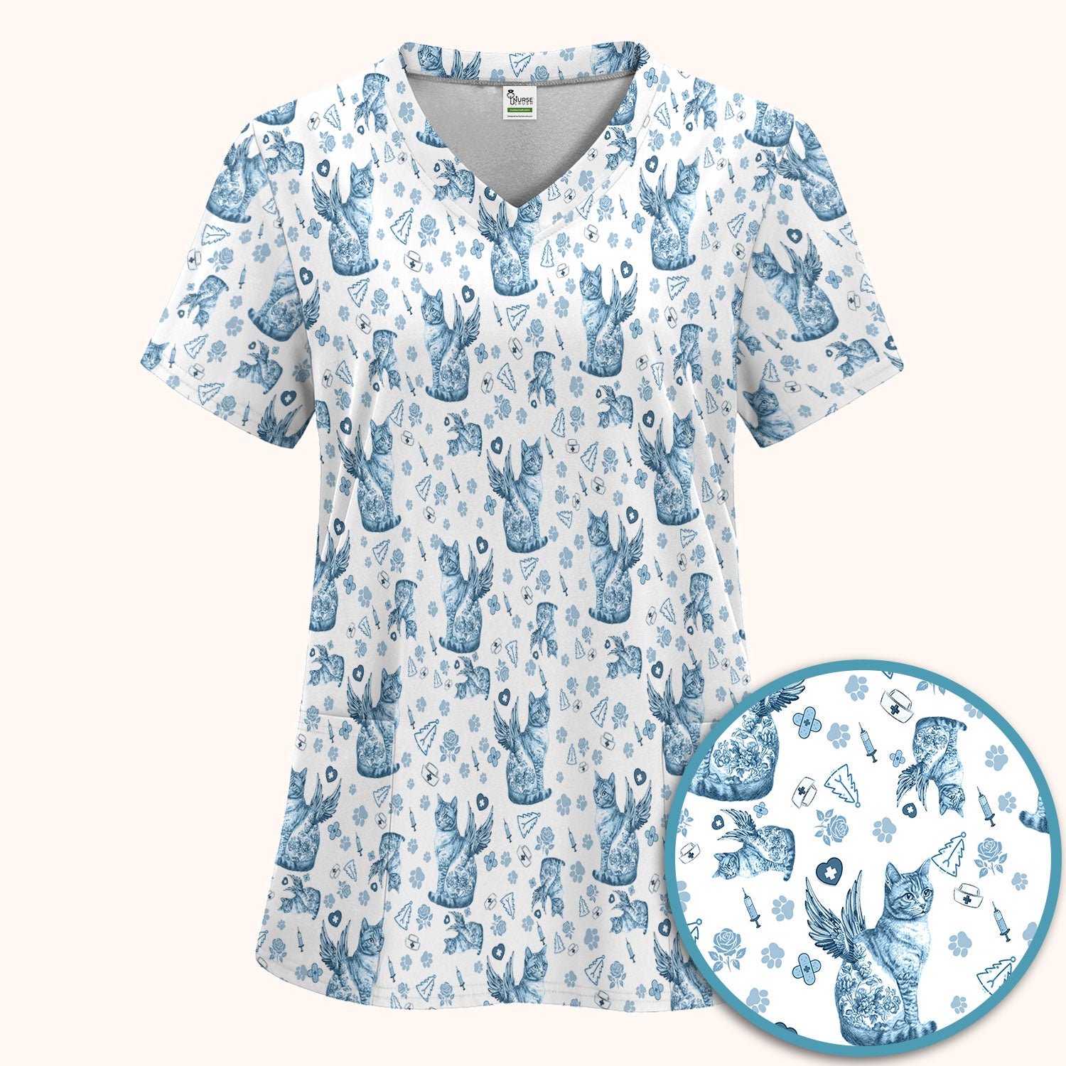 Toile de Jouy Cat Angel Scrub Set - Blue Vintage Nurse Pants and V Neck Top - French Style Medical Uniform for Women