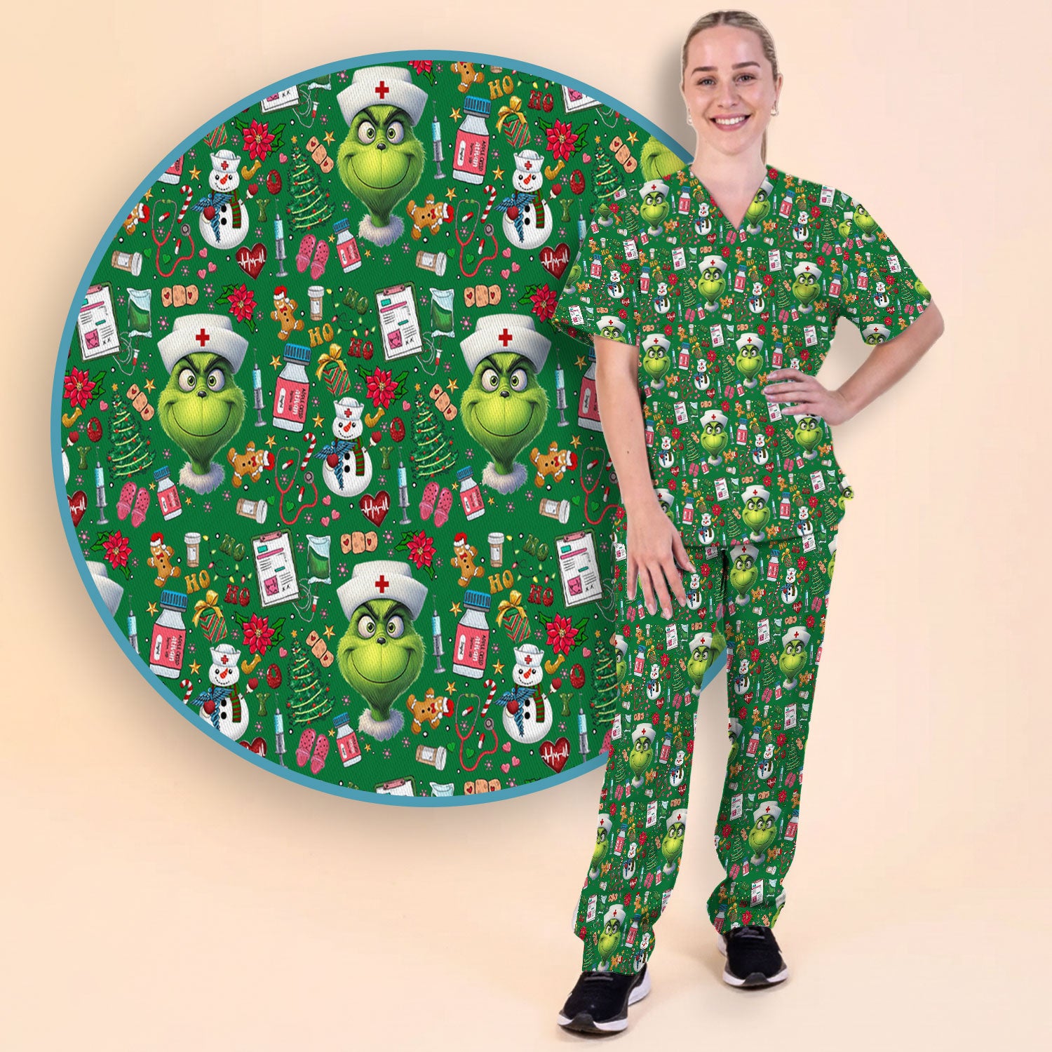 Merry Grinchmas Scrub Set for Women - Comfortable Nursing Pants - Christmas Medical Uniform - Holiday Ugly Sweater Gift for Her