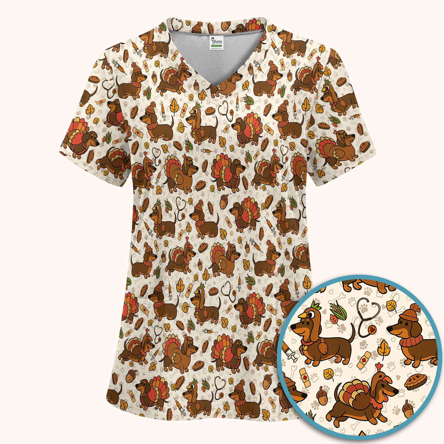 Thanksgiving Wiener Dog Scrub Set - Funny Dachshund Turkey Scrubs Pants and V Neck Top - Fall Winter Gift for Women