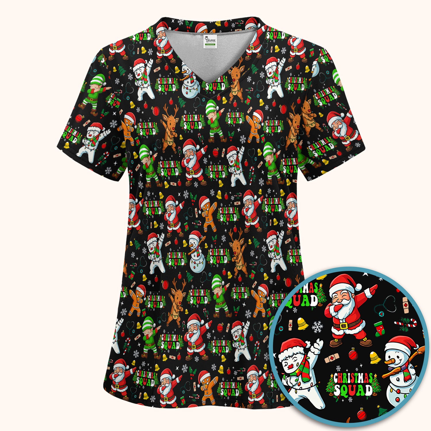 Christmas Squad Scrub Set - Funny Santa & Reindeer Pants and V Neck Top - Cute Holiday Medical Uniform for Nurses, Doctors & Vet Techs
