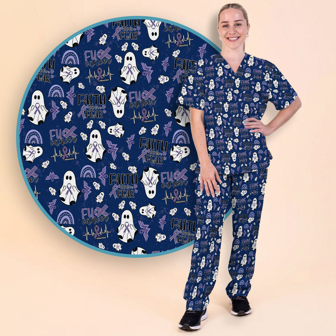 Periwinkle Ribbon Stomach Cancer Scrub Set for Women - Awareness Nurse Scrub Pants and V Neck Top - November Warrior Survivor Gift