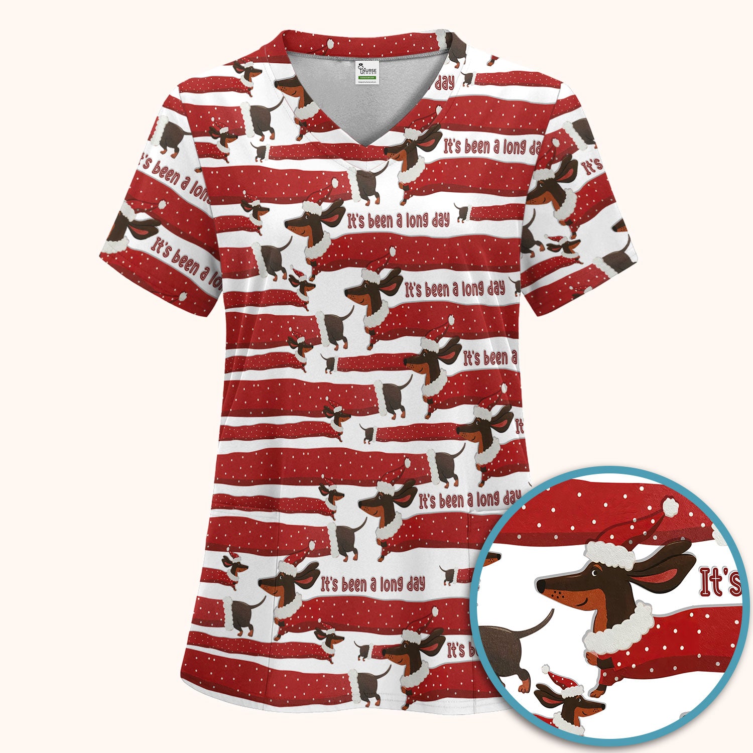 Funny Dachshund Christmas Scrub Set - It's Been a Long Day - Cute Wiener Dog Scrubs Pants and V Neck Top - Medical Uniform for Women