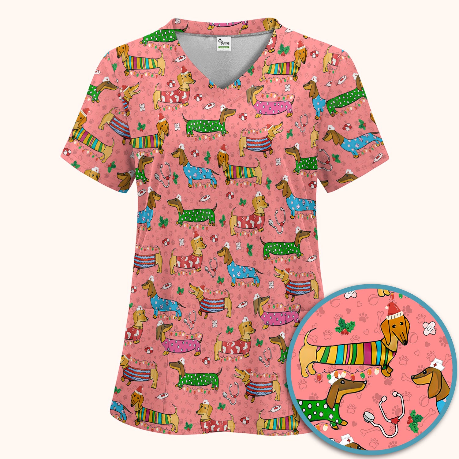 Christmas Scrub Set for Women - Funny Dachshund Scrubs Pants and V Neck Top - Cute Holiday Medical Uniform Gift for RN LPN CNA