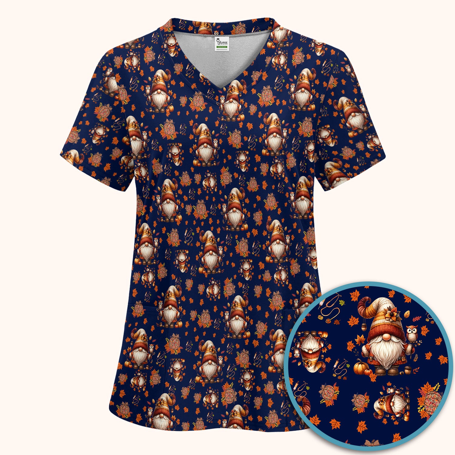 Autumn Leaves Pumpkin Scrubs Set for Women - Gnome Scrubs for Nurse Mama - Breathable Fabrics Nursing Uniform
