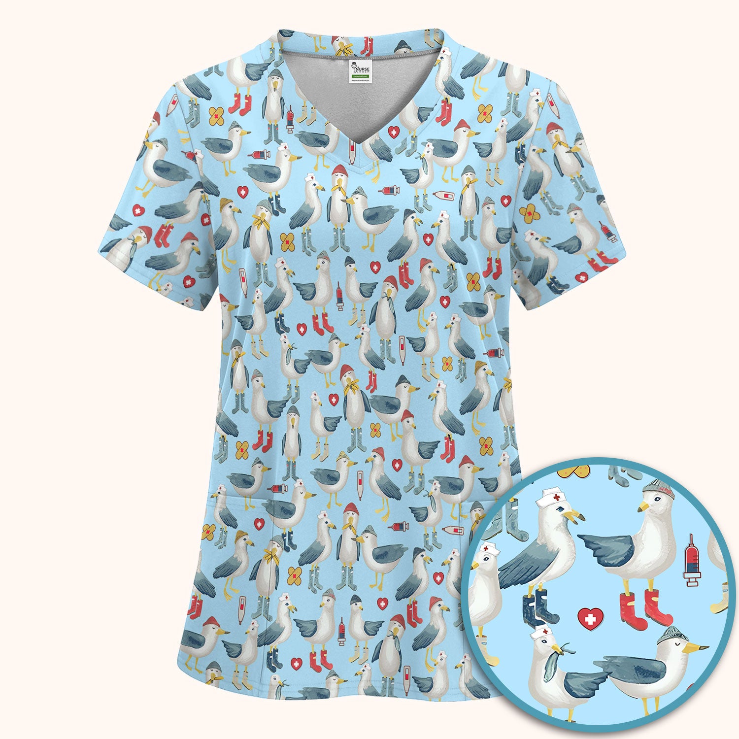 Funny Seagull Nurse Scrub Set - Cute Bird with Medical Icons Scrubs Pants and V Neck Top - Comfortable Scrubs for Women