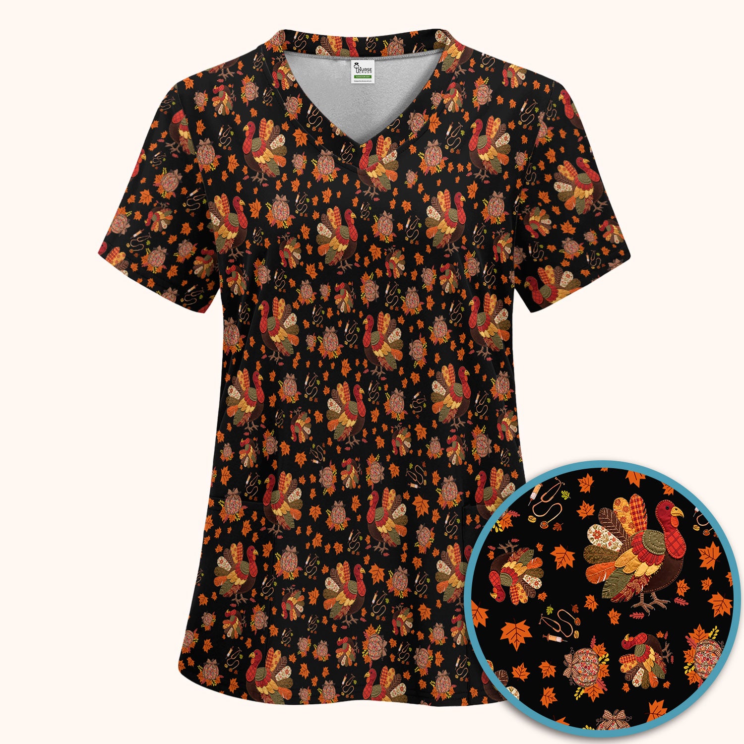 Thanksgiving Turkey Nurse Scrub Sets for Women - Fall Leaves Scrub Pants and V Neck Top - Autumn Nursing Uniform