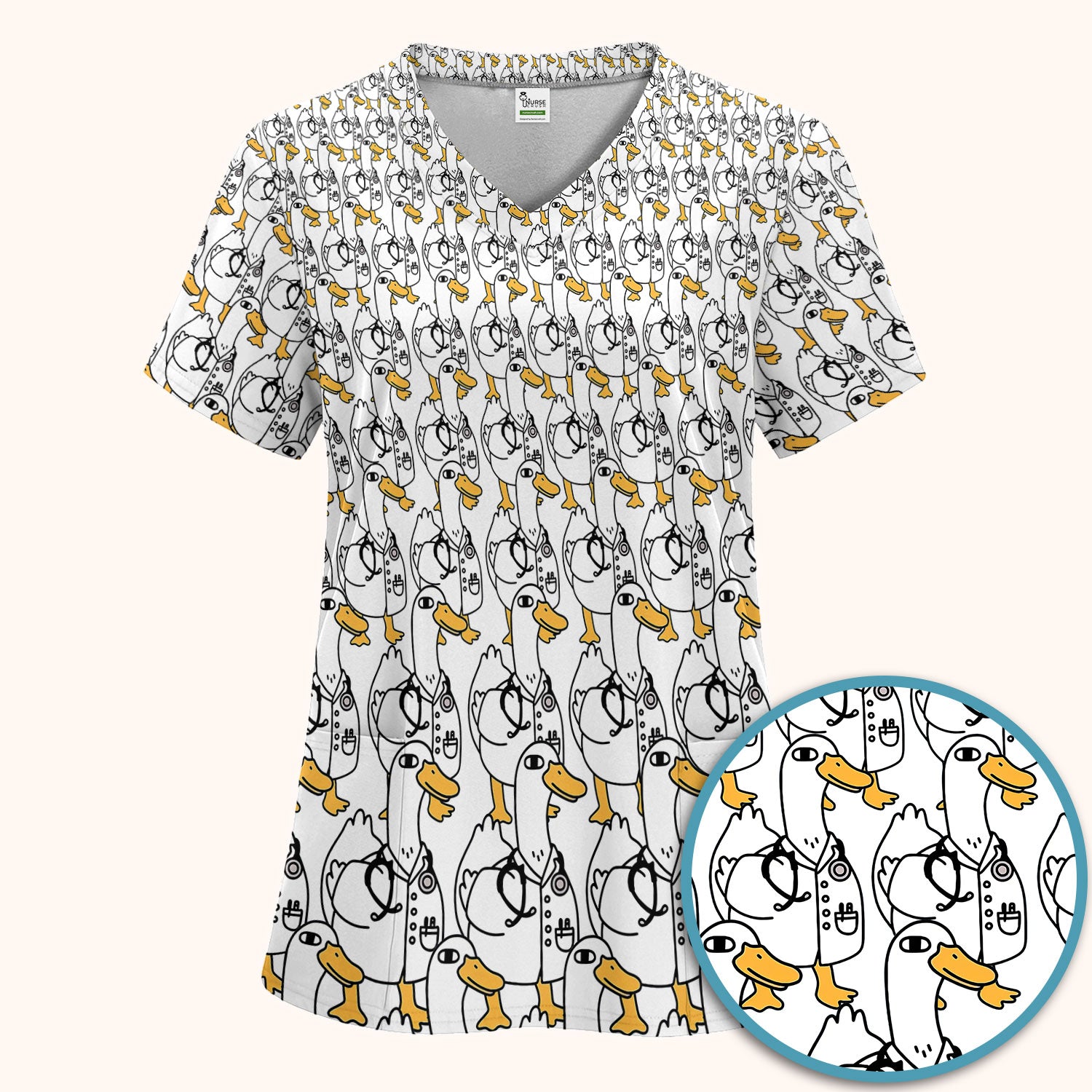 Funny Duck Scrub Set for Women - I'm a Doctor Scrubs Pants and V Neck Top - Cute Duck In The Row - Comfortable Nursing Uniform