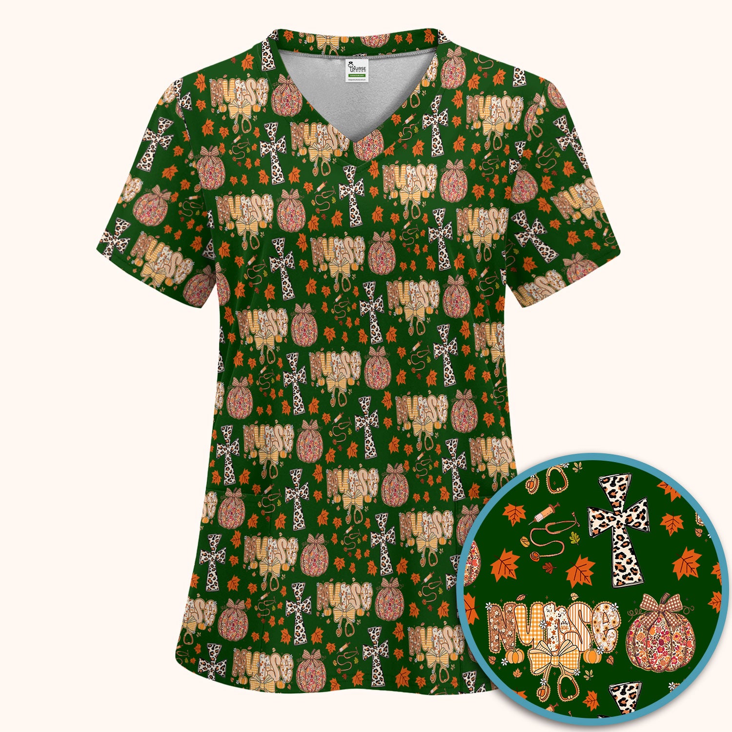 Floral Pumpkin Scrub Set for Women - Coquette Bow Thanksgiving Scrubs Pants and V Neck Top - Comfortable Medical Uniform