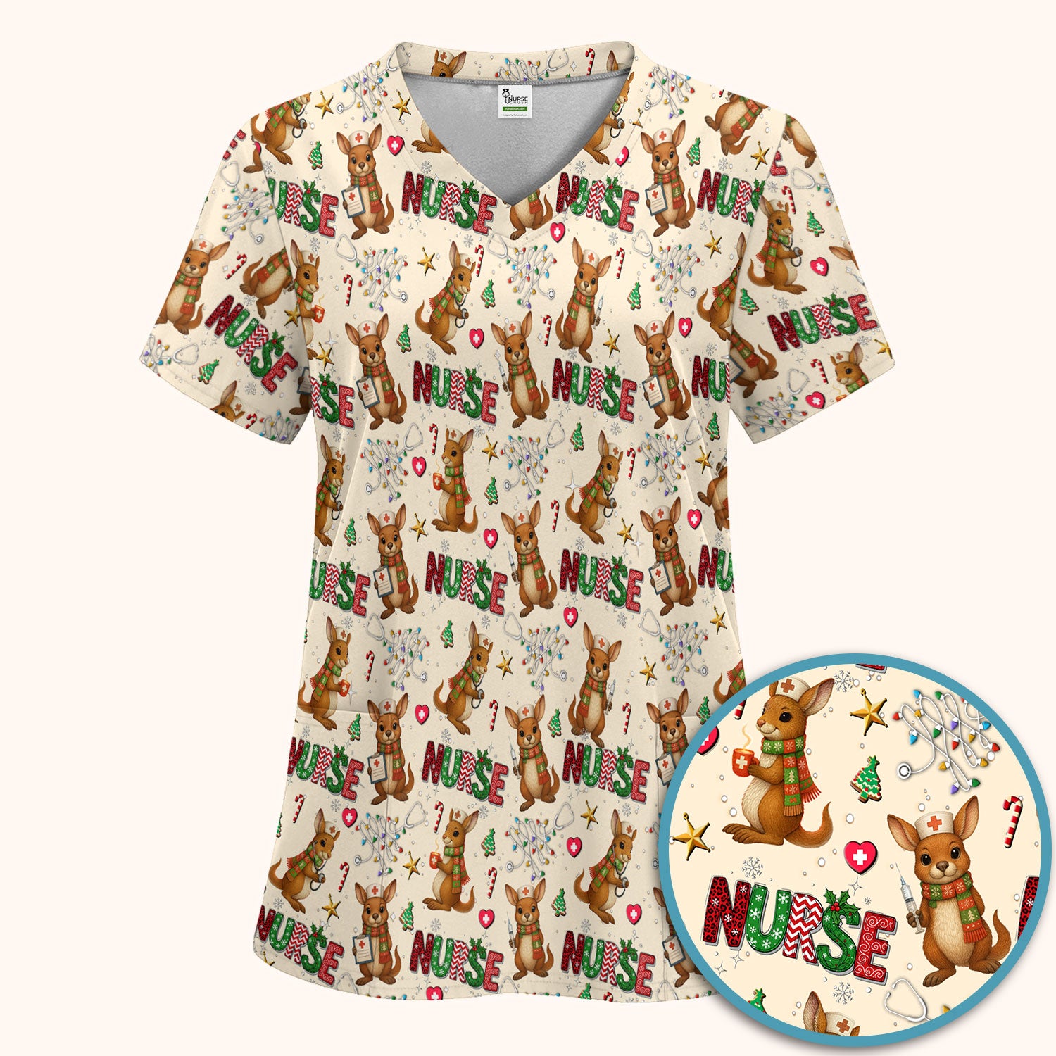 Aussie Kangaroo Christmas Scrub Set - Funny Holiday Nurse Shirt and Pants for Women - Cute Animal Medical Uniform