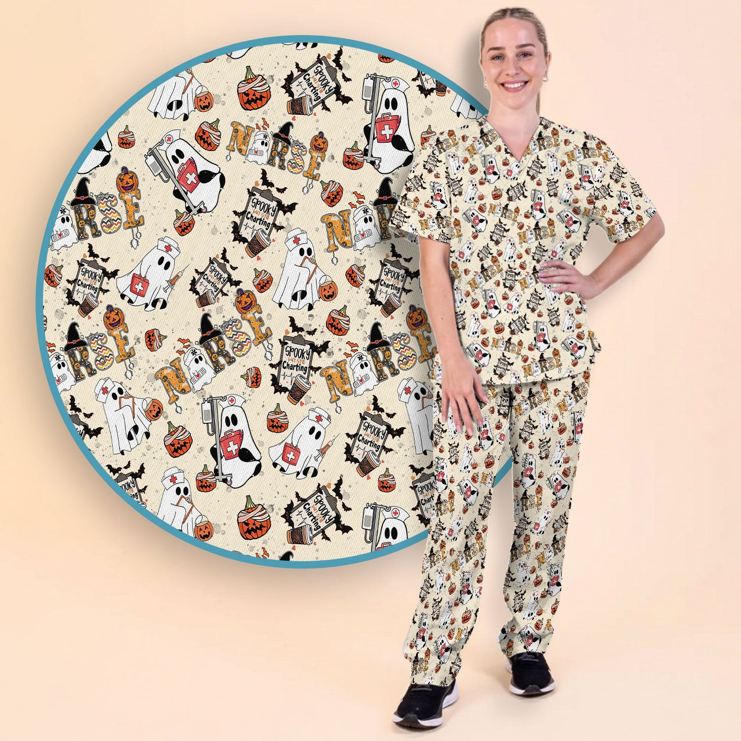 Halloween Women's Scrub Sets - Spooky But Still Charting Boo Nurse - Funny Scrub Pants and V Neck Top - Breathable Med Uniform