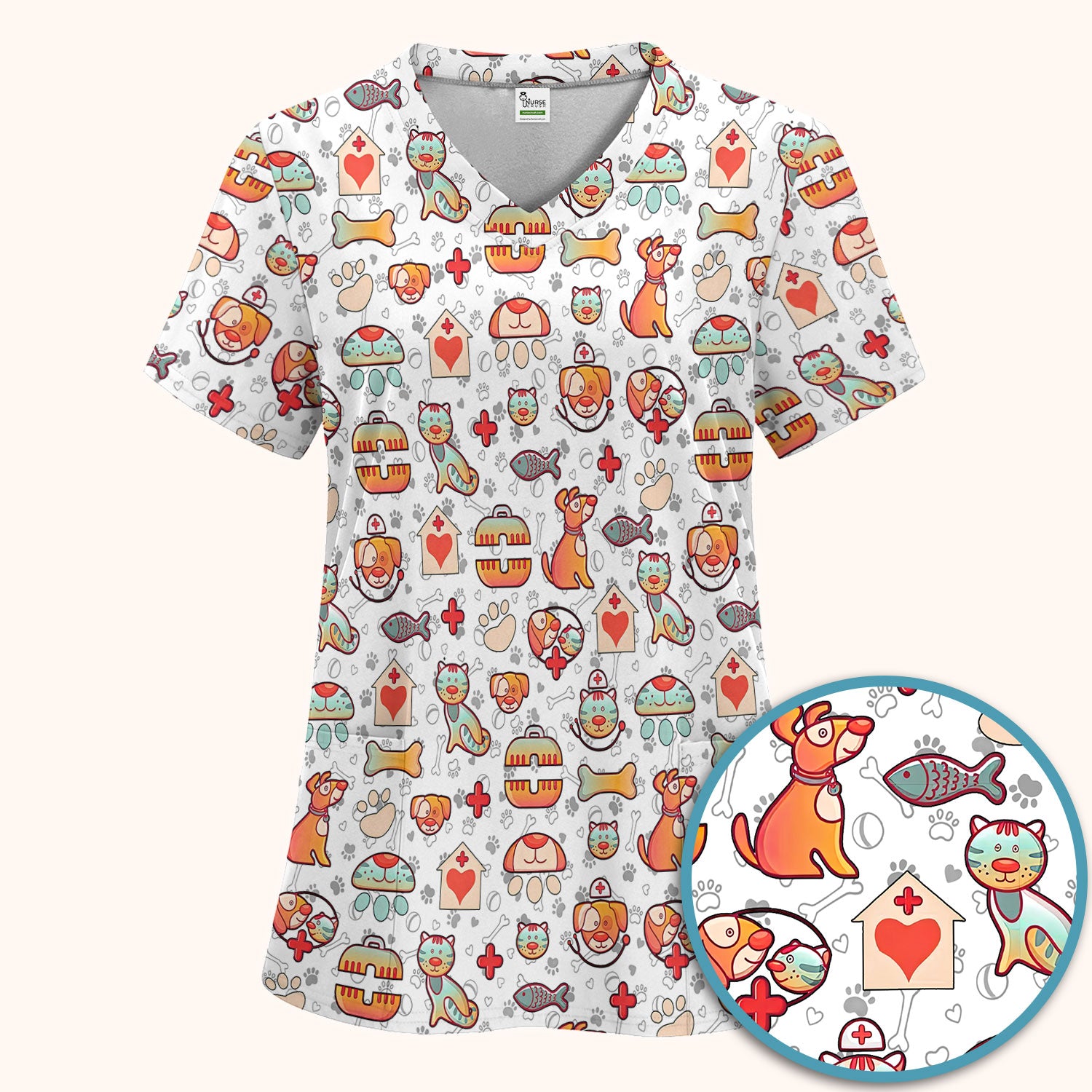 Veterinary Nurse Scrub Set - Cute Cat Dog Paw Scrubs Pants and V Neck Top - Funny Animal Vet Tech Uniform for Women